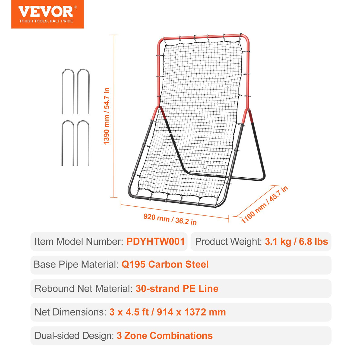 Baseball & Softball Rebounder Net 3x4.5ft PitchBack Trainer 3-Way Fielding Net