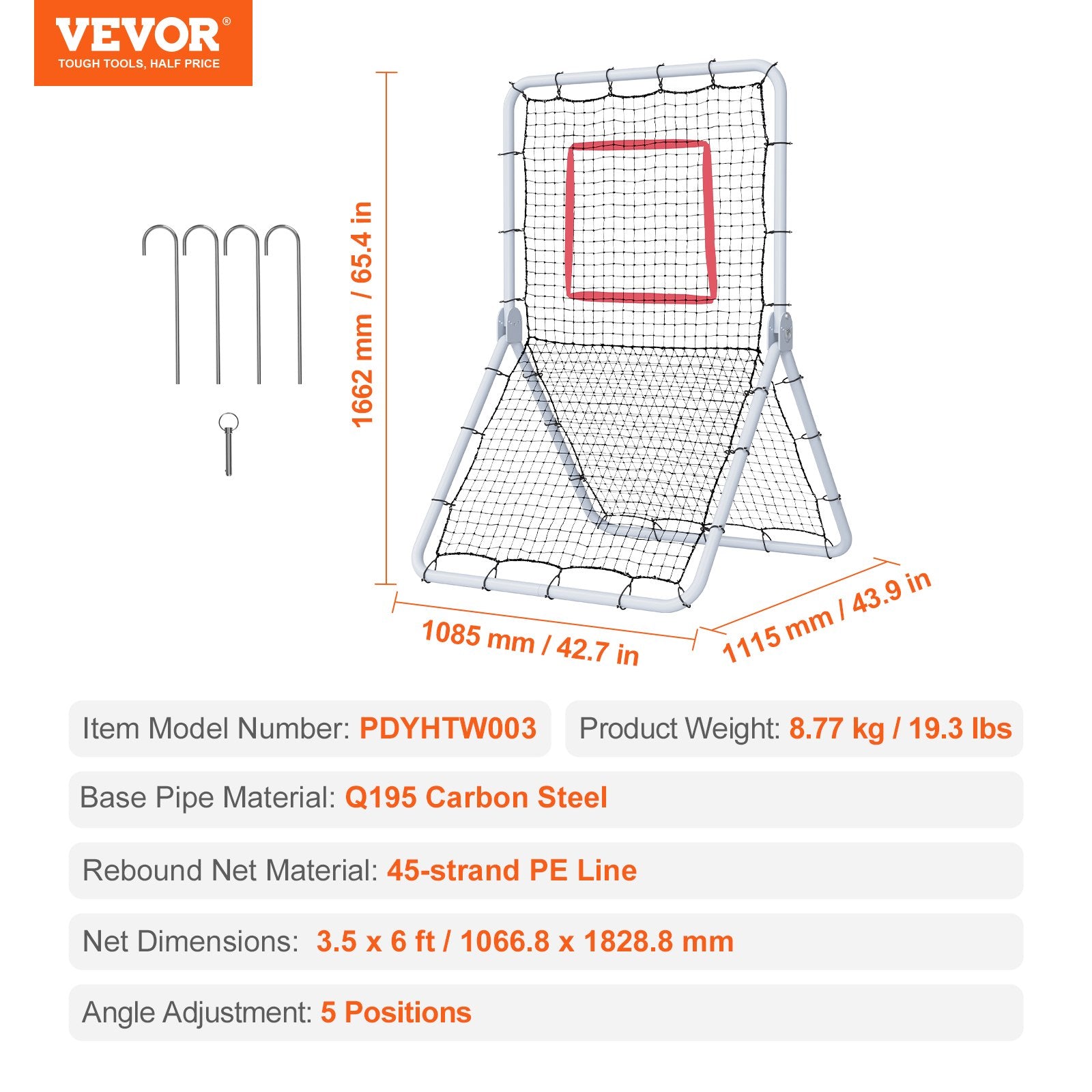 Baseball & Softball Rebounder Net 3.5x6ft PitchBack Trainer 5 Adjustable Angles