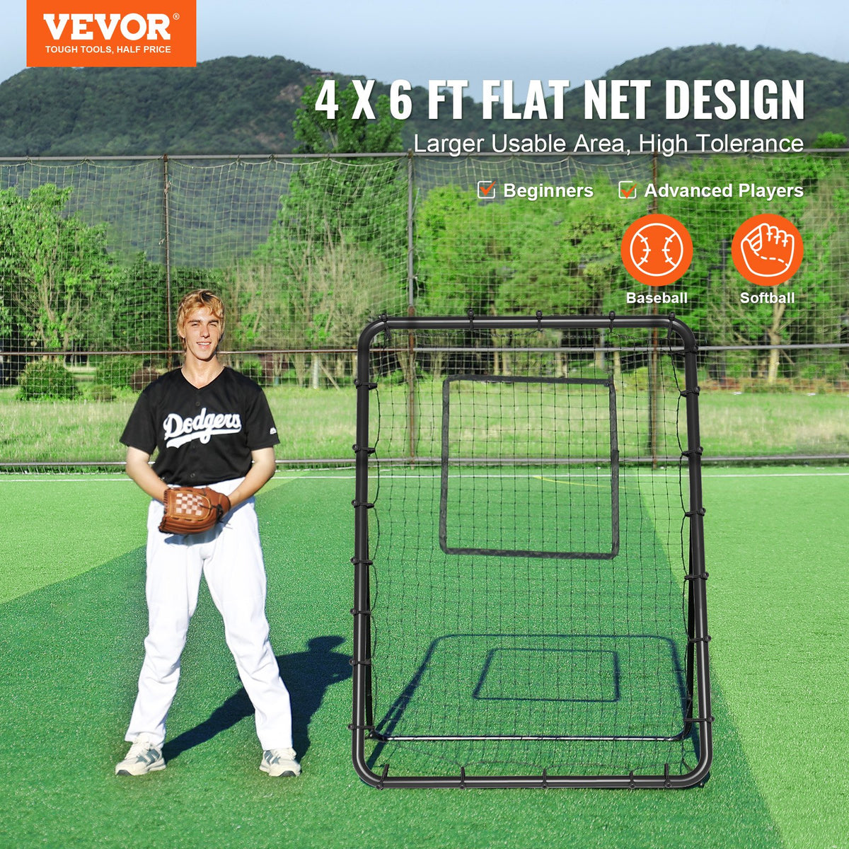 Baseball & Softball Rebounder Net 4x6ft PitchBack Trainer with Adjustable Target