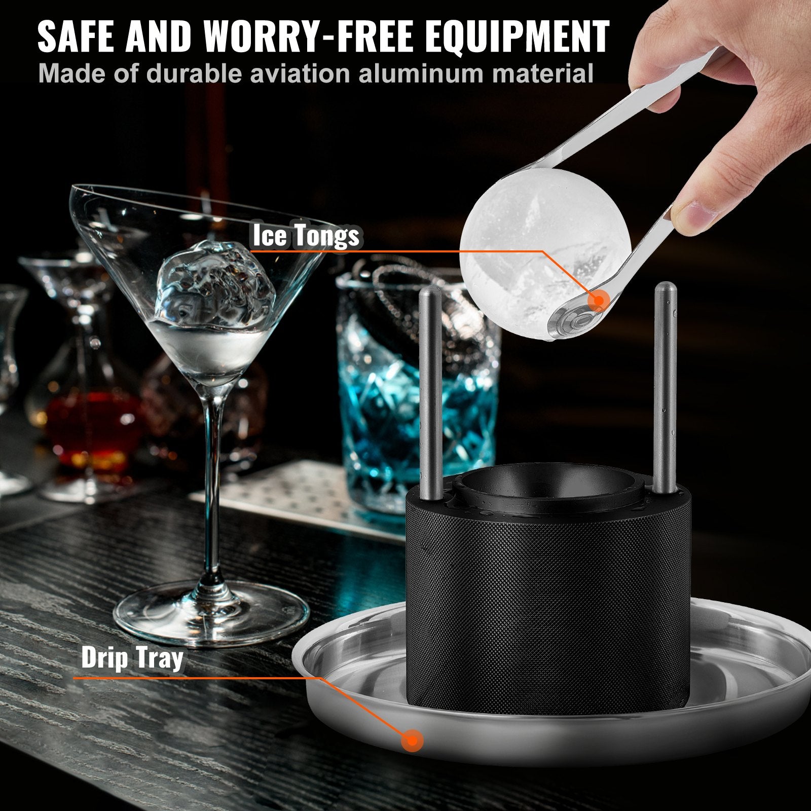 Ice Ball Press, 6cm Aircraft Al Alloy Ice Sphere Maker with Tong and Drip Tray