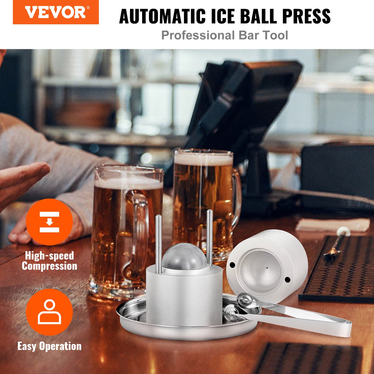 Ice Ball Press Kit Aircraft Al Alloy Ice Sphere Maker 60mm with Mold, Tong, Tray