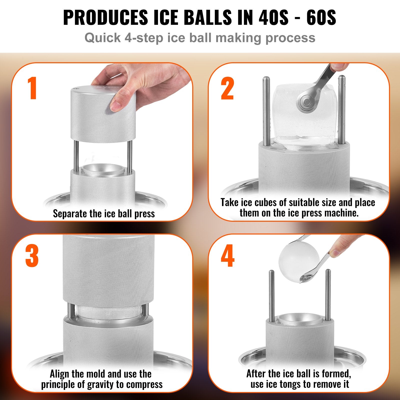 Ice Ball Press Kit Aircraft Al Alloy Ice Sphere Maker 60mm with Mold, Tong, Tray
