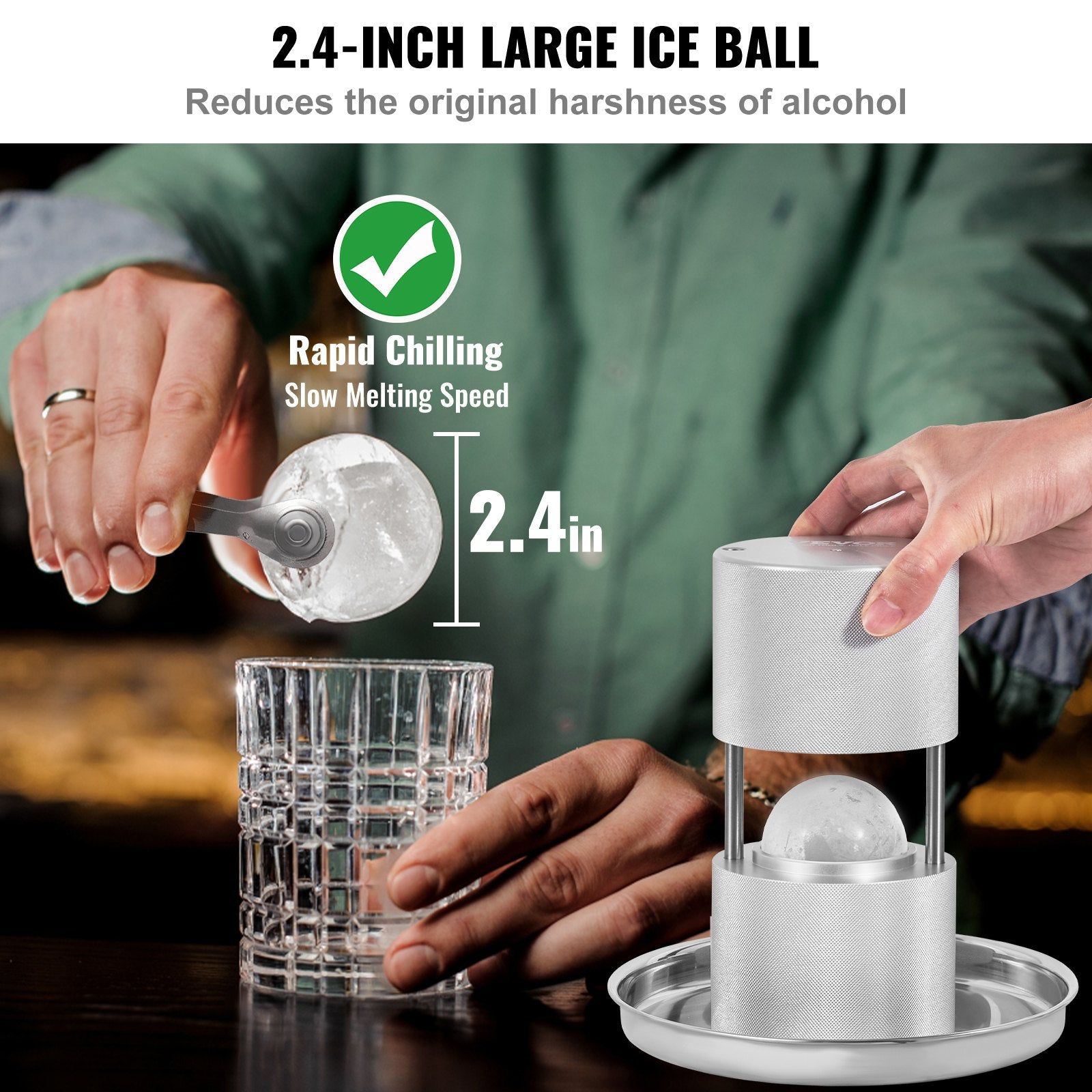 Ice Ball Press Kit Aircraft Al Alloy Ice Sphere Maker 60mm with Mold, Tong, Tray