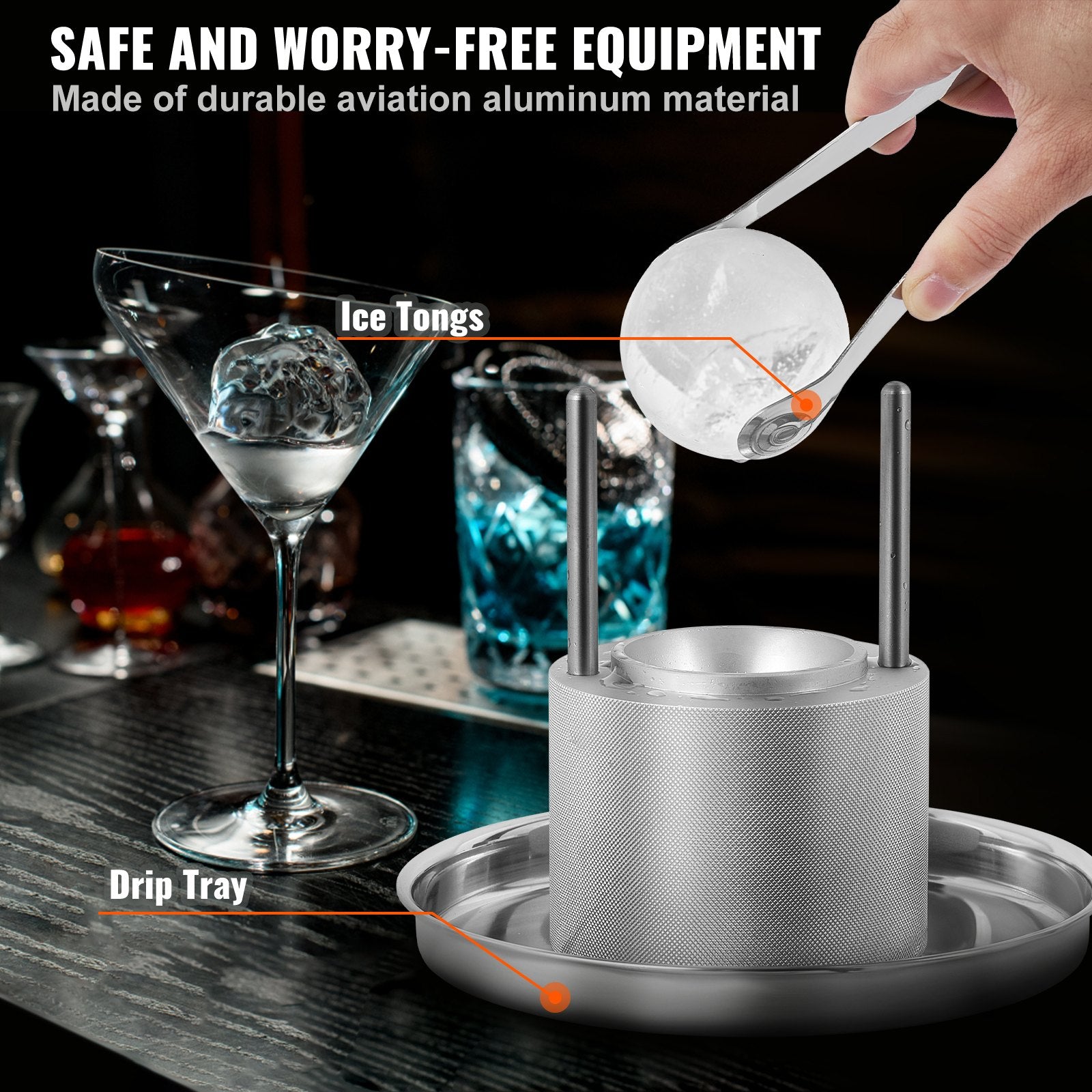 Ice Ball Press Kit Aircraft Al Alloy Ice Sphere Maker 60mm with Mold, Tong, Tray