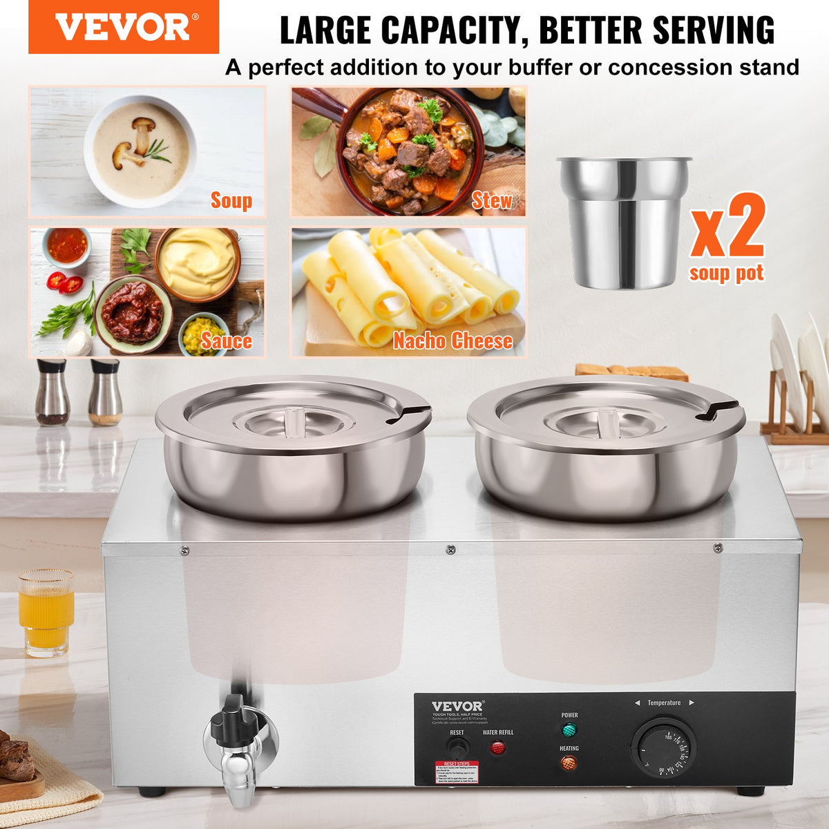 Electric Soup Warmer 2×7.4QT  Steel Pots 1200W Adjustable Temp Bain Marie