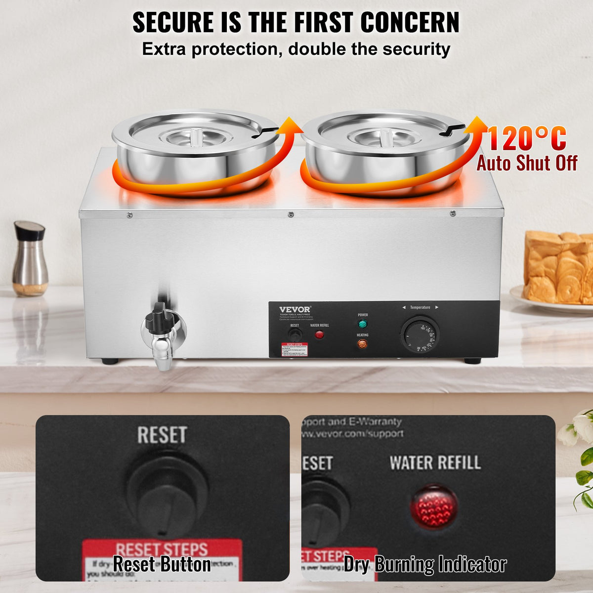 Electric Soup Warmer 2×7.4QT  Steel Pots 1200W Adjustable Temp Bain Marie