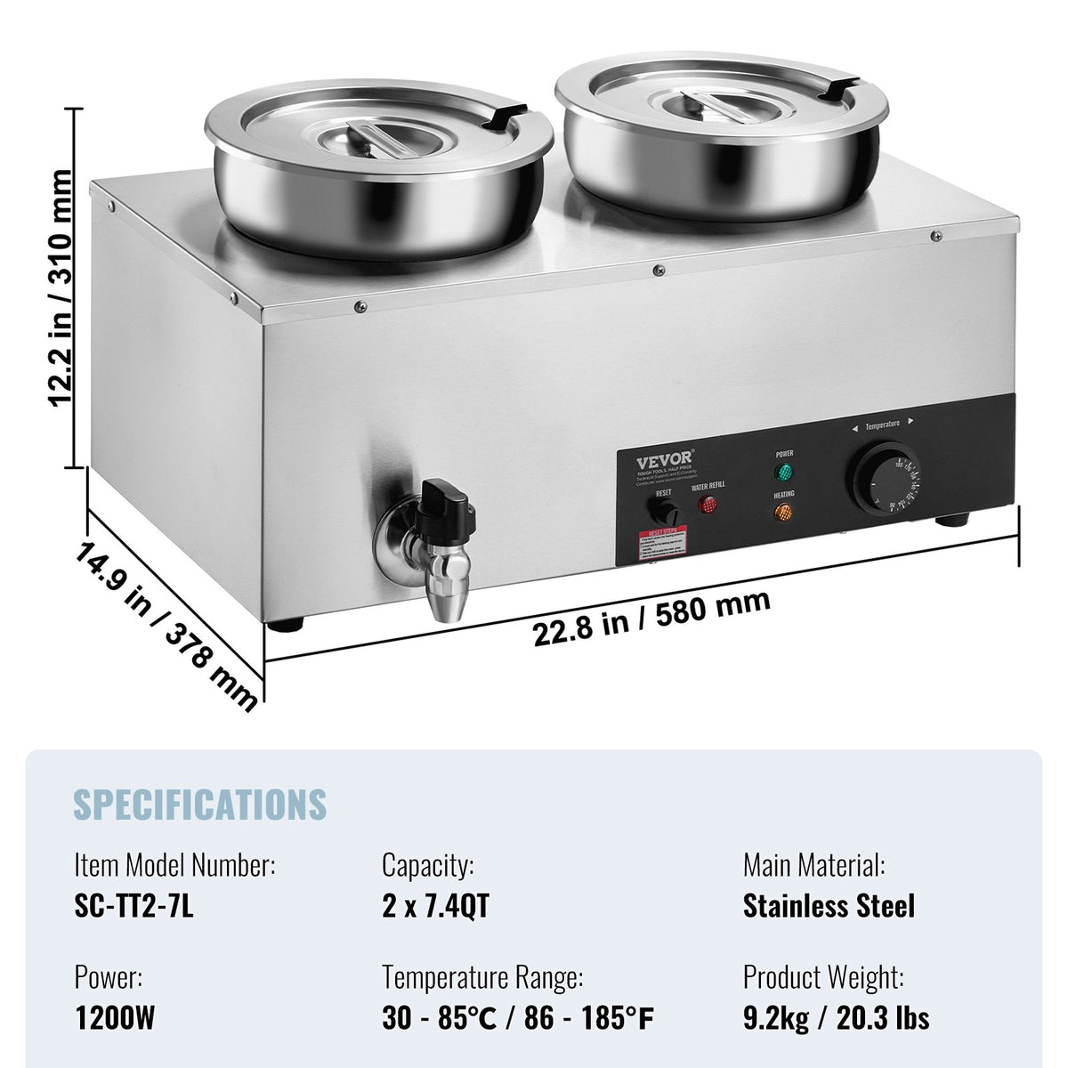 Electric Soup Warmer 2×7.4QT  Steel Pots 1200W Adjustable Temp Bain Marie