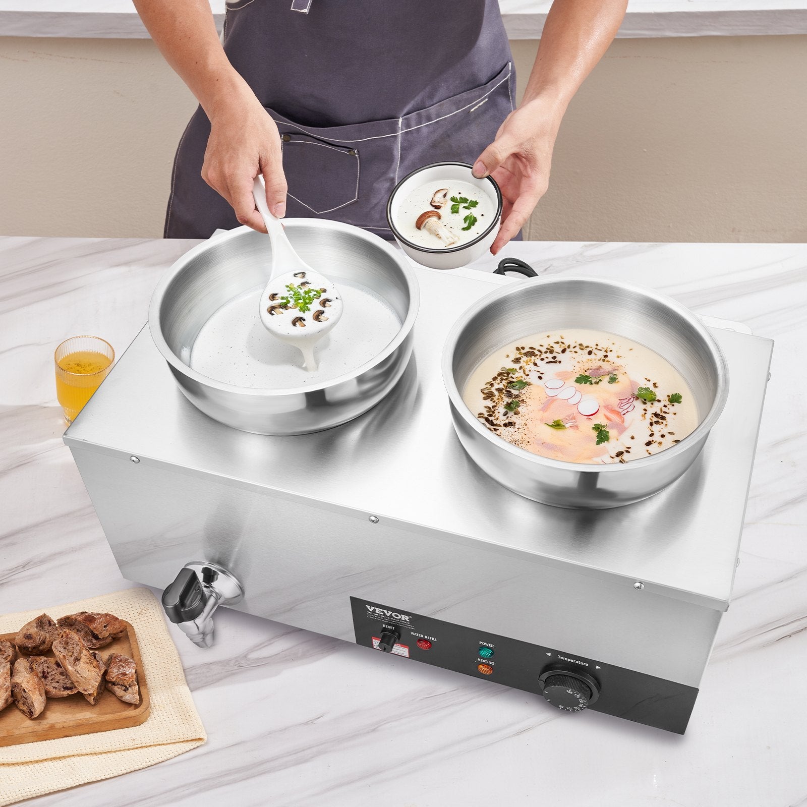 Electric Soup Warmer 2×7.4QT  Steel Pots 1200W Adjustable Temp Bain Marie