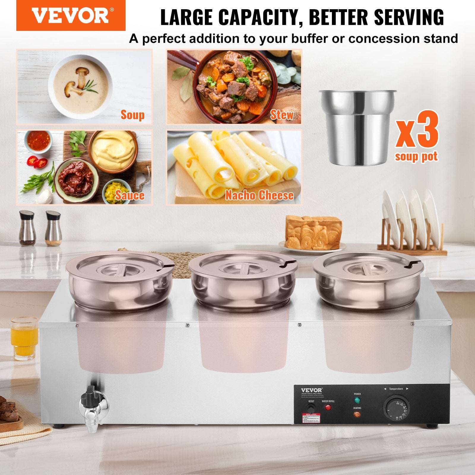 Electric Soup Warmer 3×7.4QT Steel Pots 1200W Adjustable Temp Bain Marie
