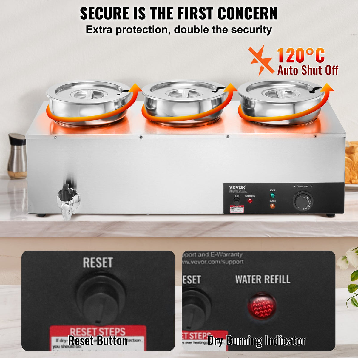 Electric Soup Warmer 3×7.4QT Steel Pots 1200W Adjustable Temp Bain Marie