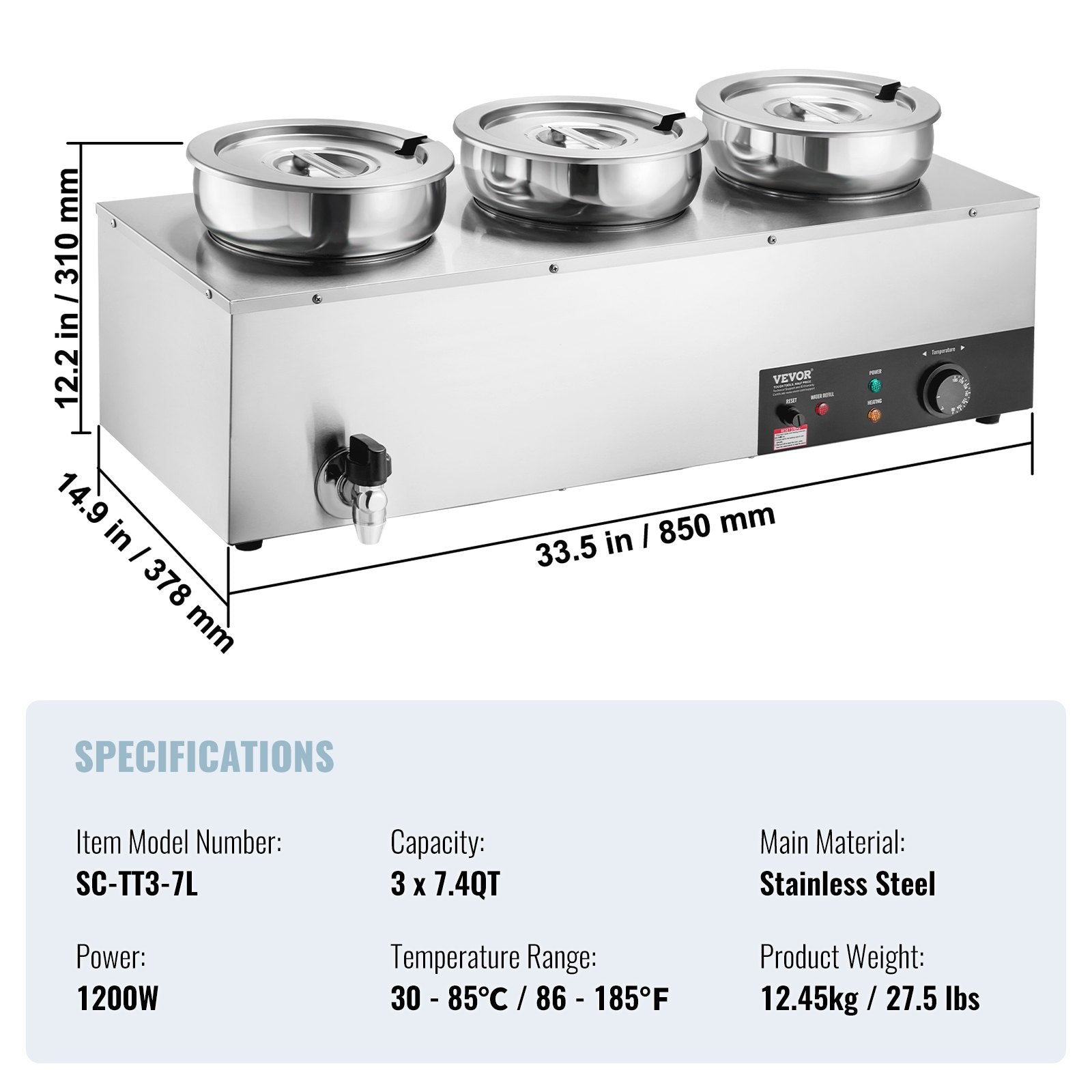 Electric Soup Warmer 3×7.4QT Steel Pots 1200W Adjustable Temp Bain Marie