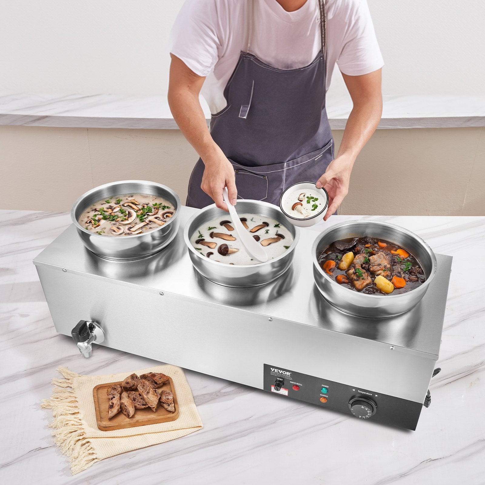 Electric Soup Warmer 3×7.4QT Steel Pots 1200W Adjustable Temp Bain Marie