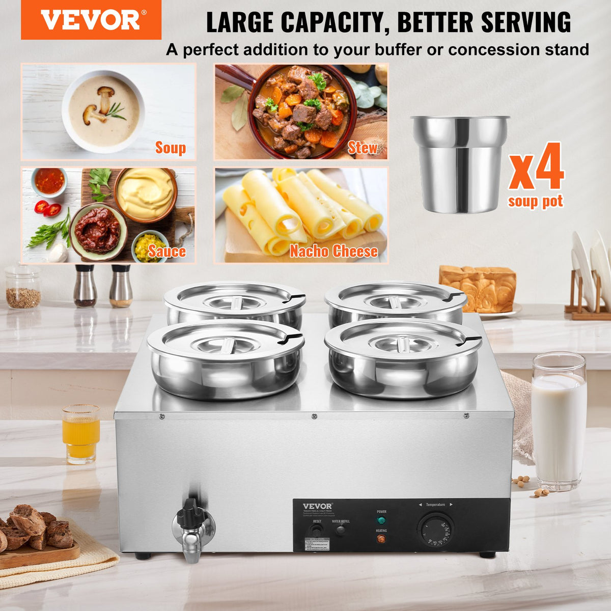 Electric Soup Warmer 4×7.4QT Stainless Steel 1500W Adjustable Temp Bain Marie