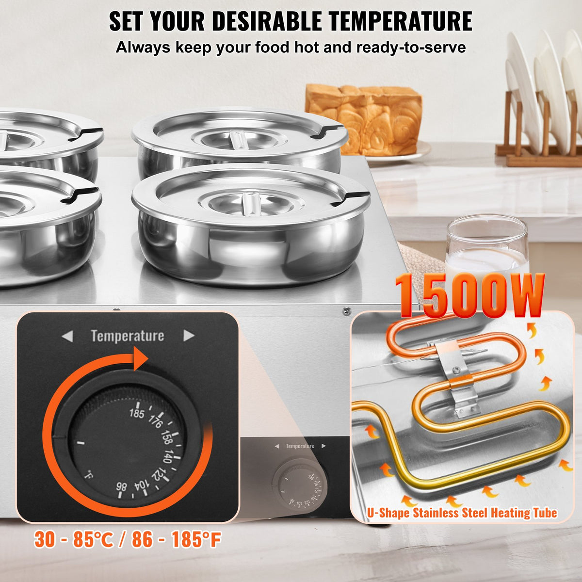 Electric Soup Warmer 4×7.4QT Stainless Steel 1500W Adjustable Temp Bain Marie