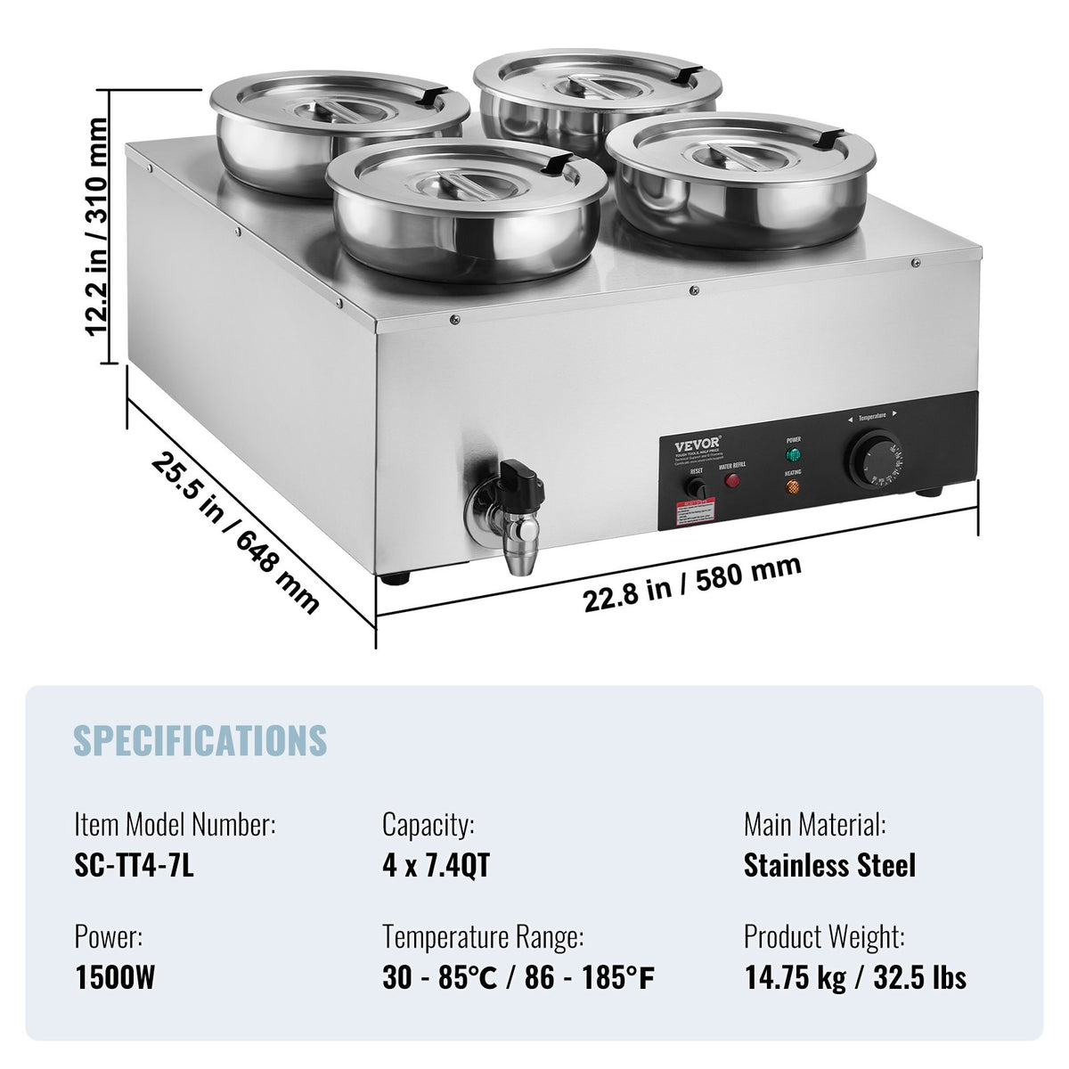 Electric Soup Warmer 4×7.4QT Stainless Steel 1500W Adjustable Temp Bain Marie