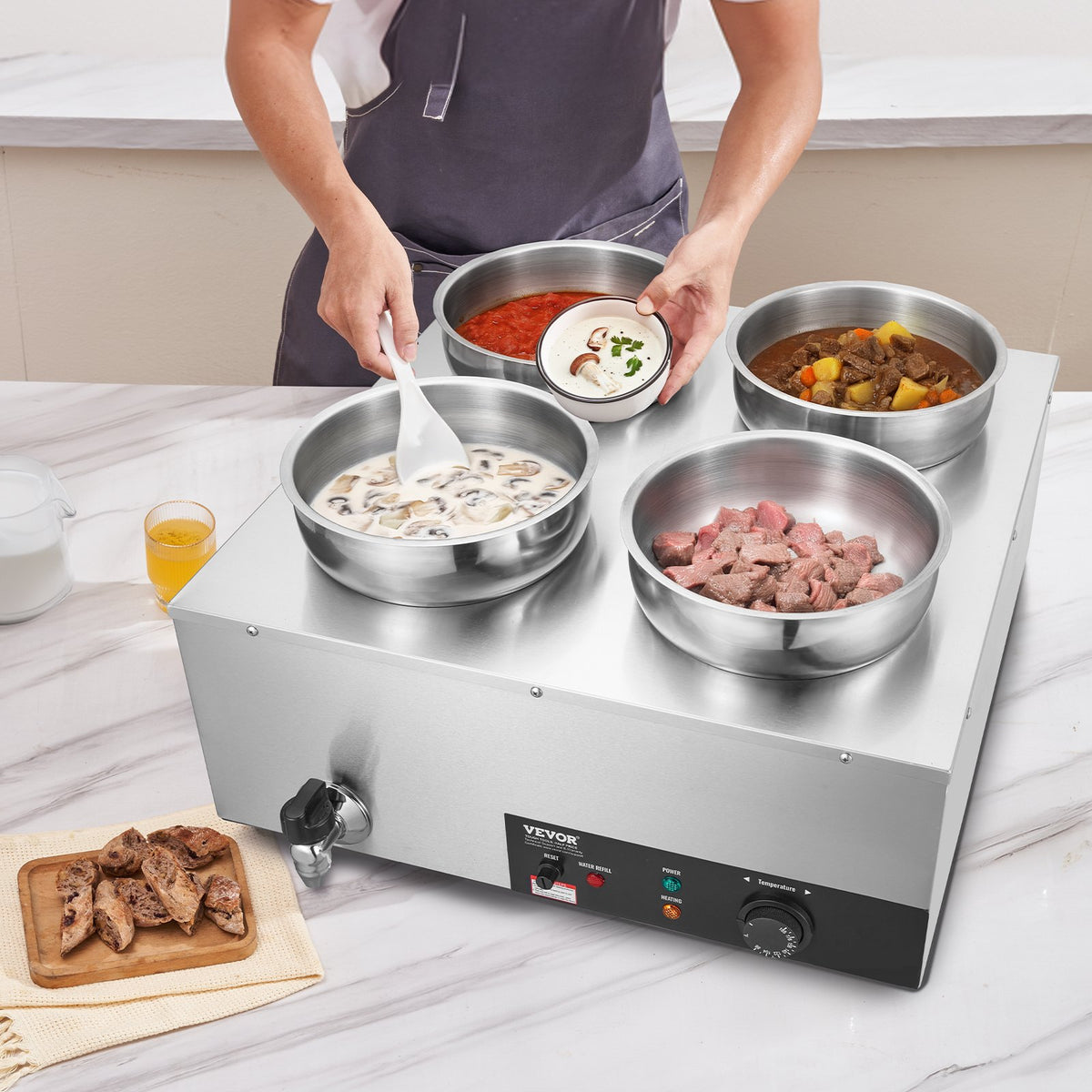 Electric Soup Warmer 4×7.4QT Stainless Steel 1500W Adjustable Temp Bain Marie