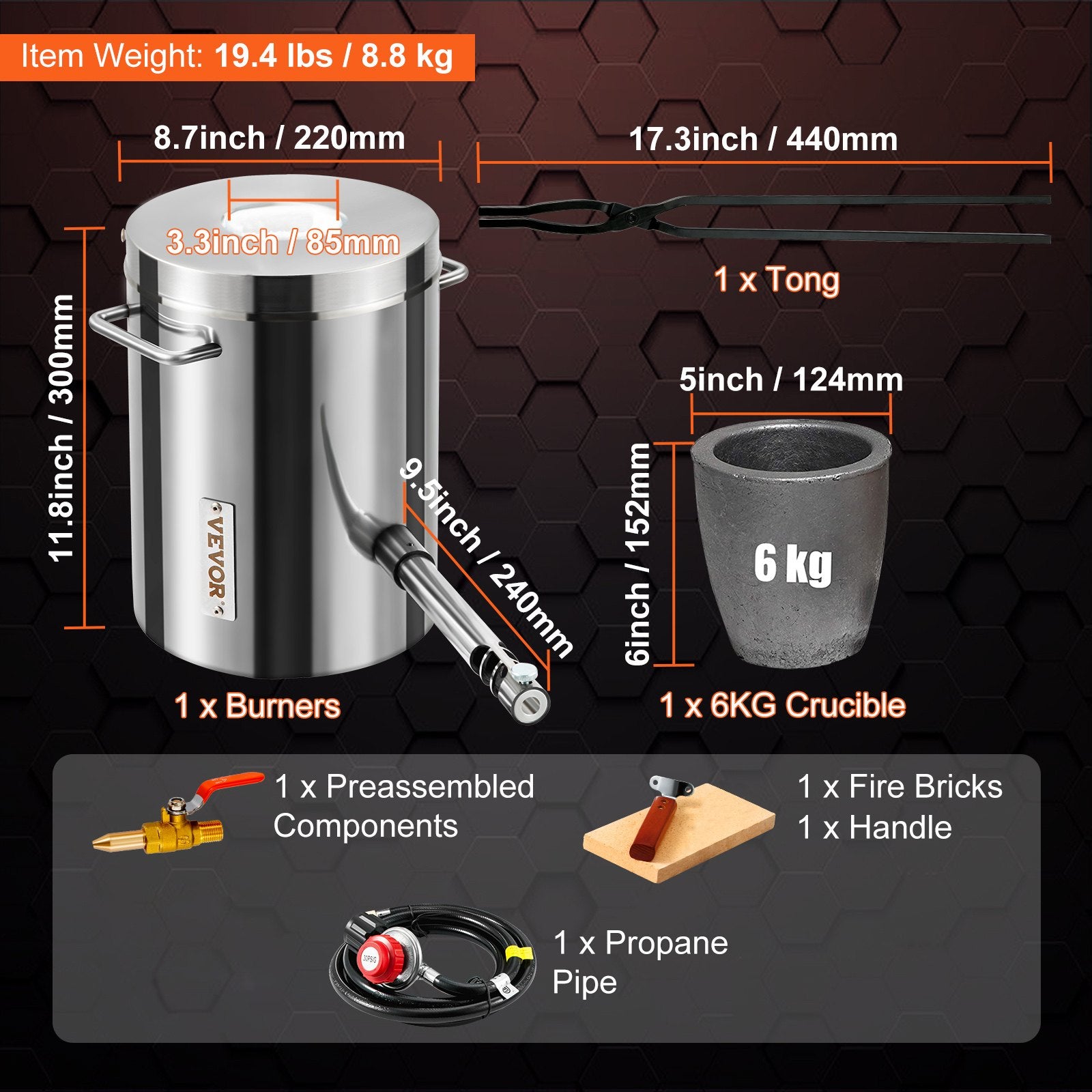 Propane Melting Furnace Kit 6KG Foundry Kiln Crucible Tongs Stainless Steel