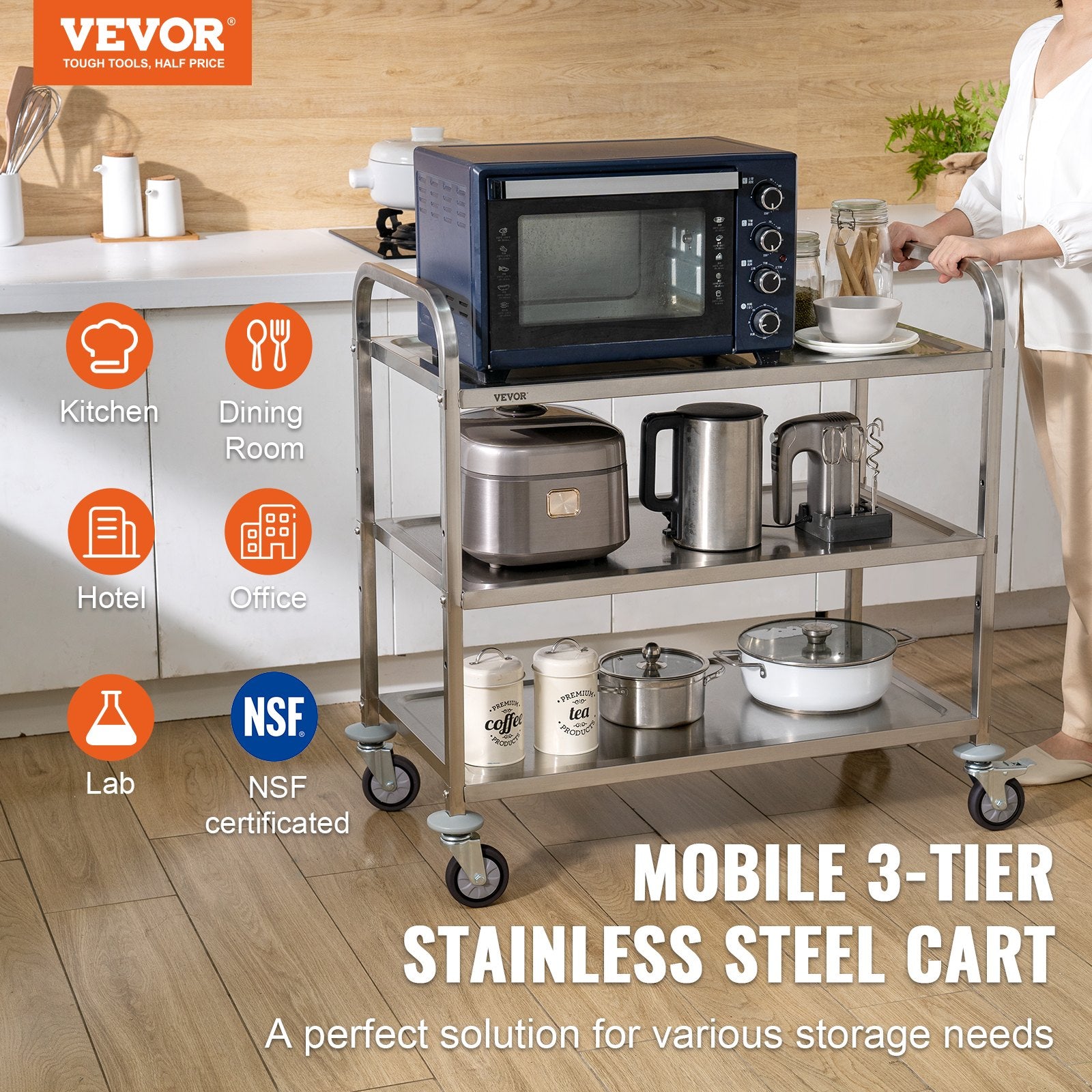 Kitchen Utility Cart 3-Tier Steel Rolling 204KG with Wheels and Hooks