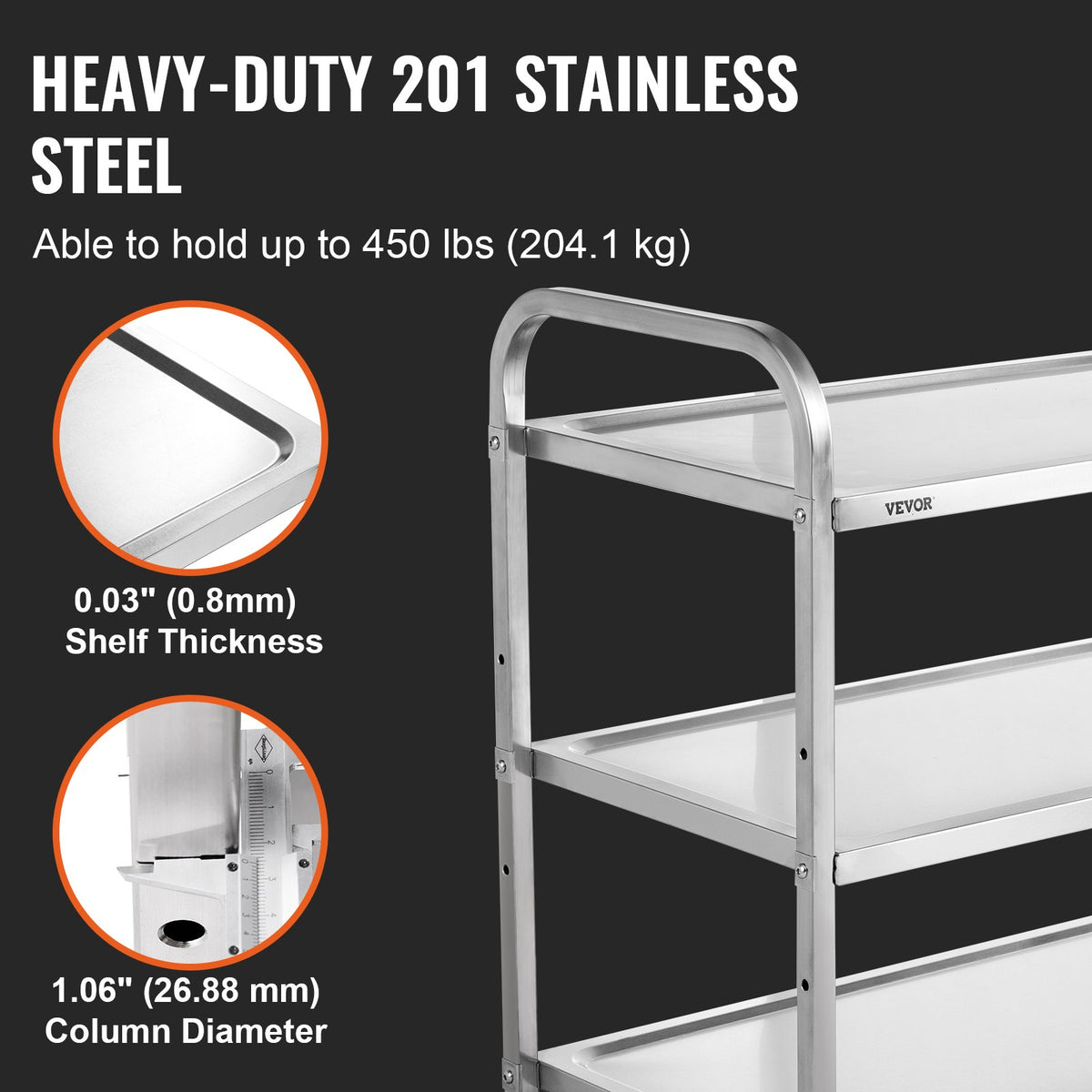 Kitchen Utility Cart 3-Tier Steel Rolling 204KG with Wheels and Hooks