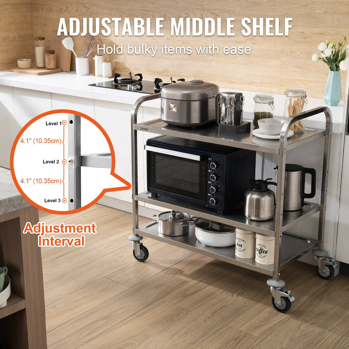 Kitchen Utility Cart 3-Tier Steel Rolling 204KG with Wheels and Hooks