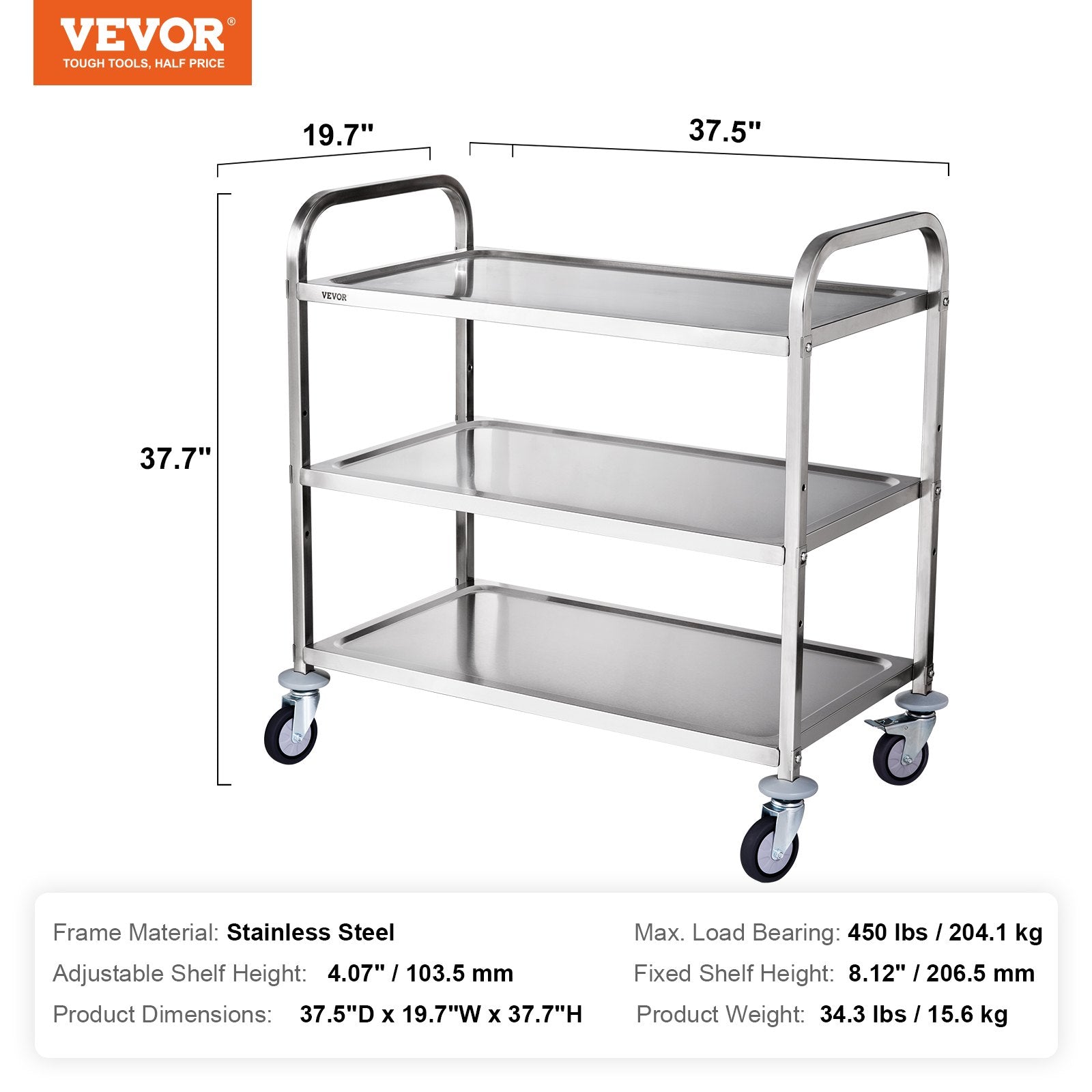 Kitchen Utility Cart 3-Tier Steel Rolling 204KG with Wheels and Hooks