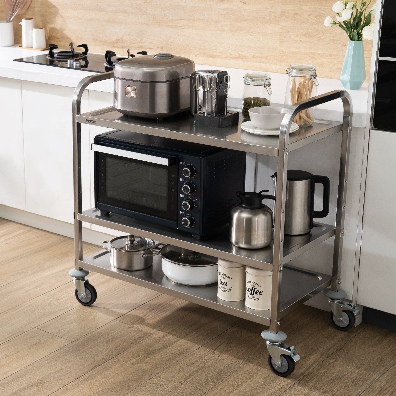 Kitchen Utility Cart 3-Tier Steel Rolling 204KG with Wheels and Hooks