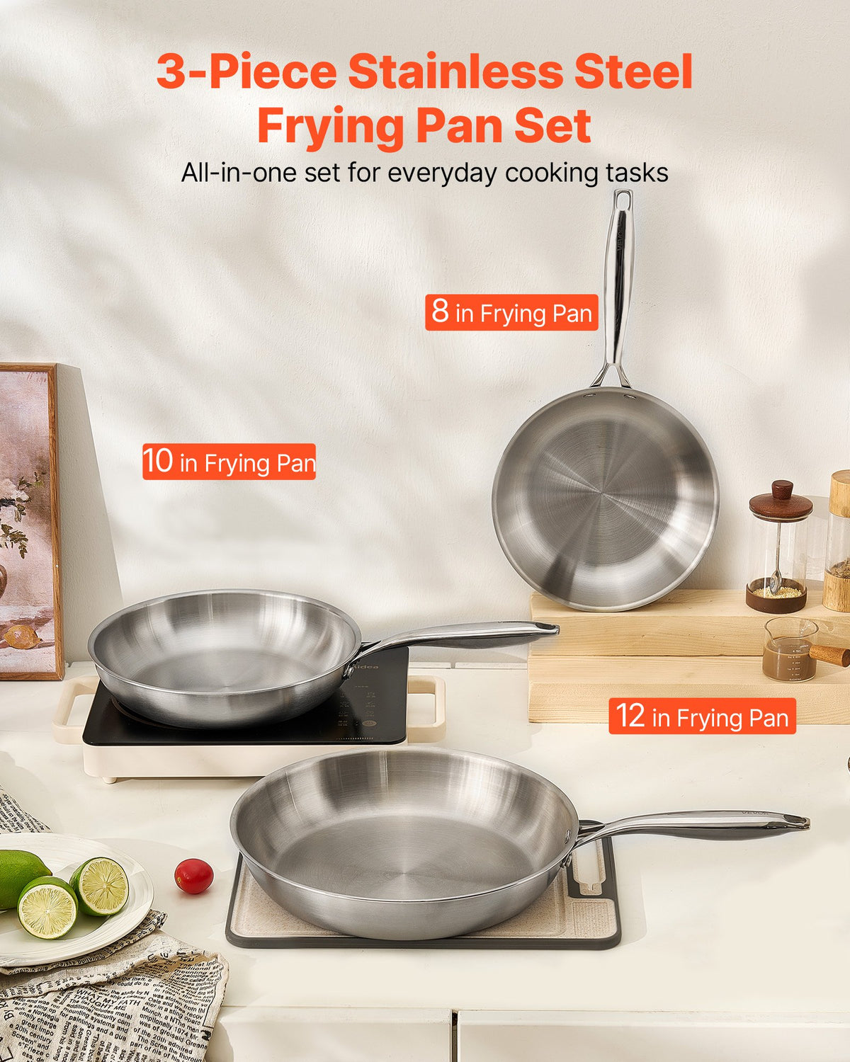 Tri-Ply Stainless Steel Frying Pan 3-Piece (240/280/320mm) Heat-Resistant Handle