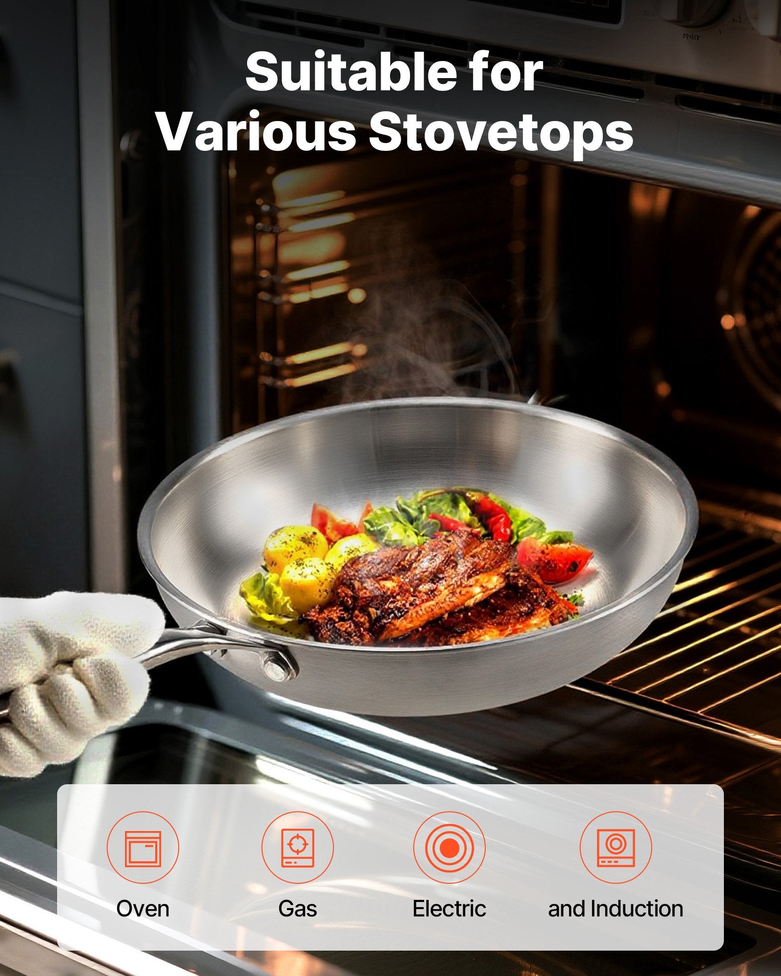 Tri-Ply Stainless Steel Frying Pan 3-Piece (240/280/320mm) Heat-Resistant Handle
