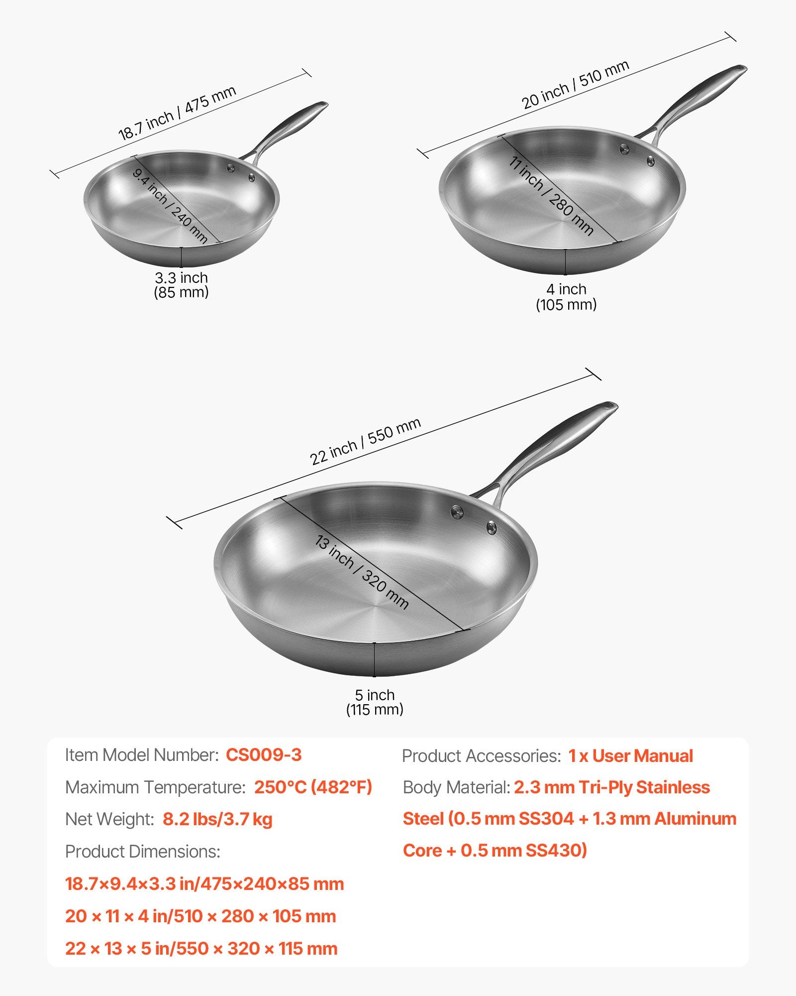 Tri-Ply Stainless Steel Frying Pan 3-Piece (240/280/320mm) Heat-Resistant Handle