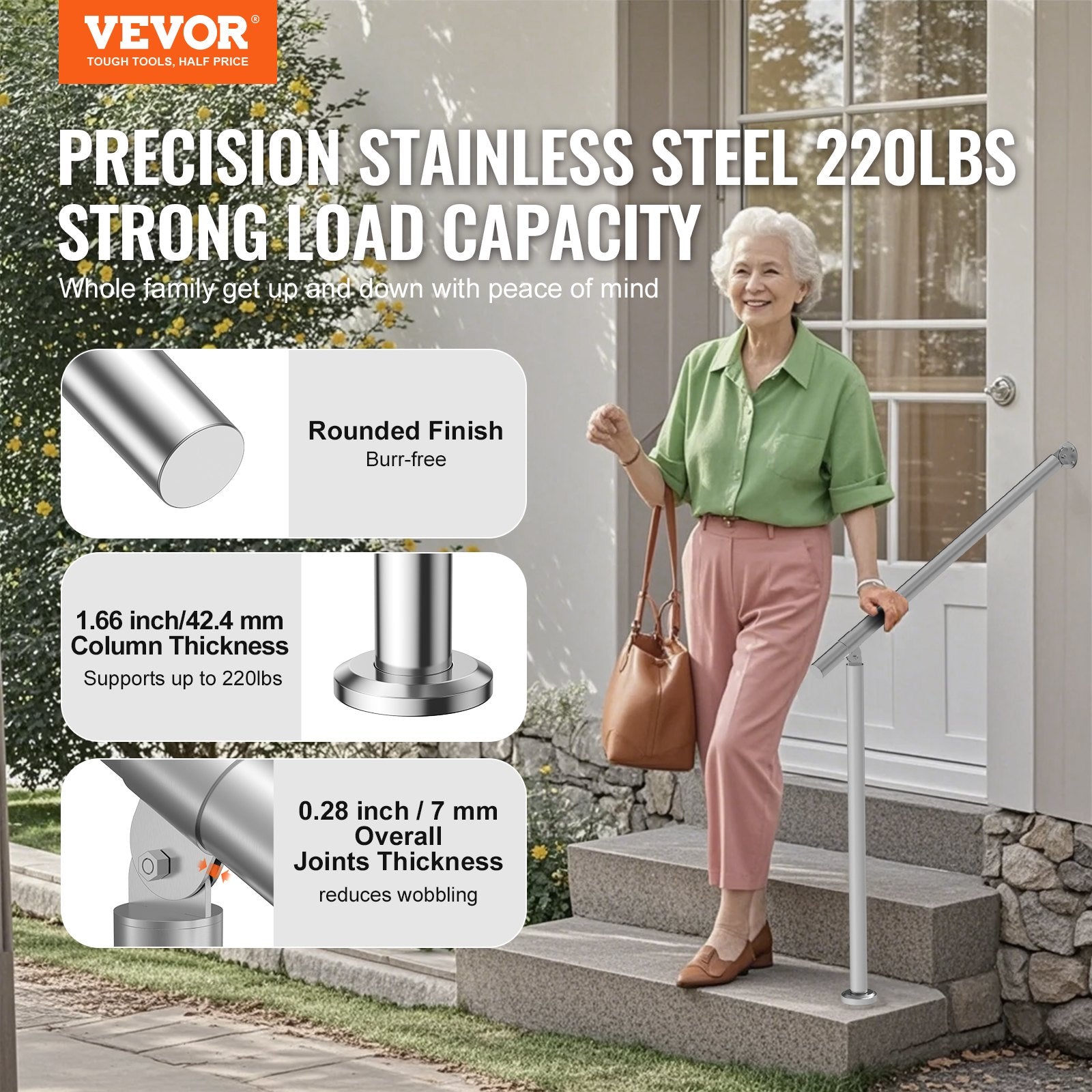 Handrails for Outdoor Steps 31.5in Deck Railing Kit Wall Floor Mounted Silver