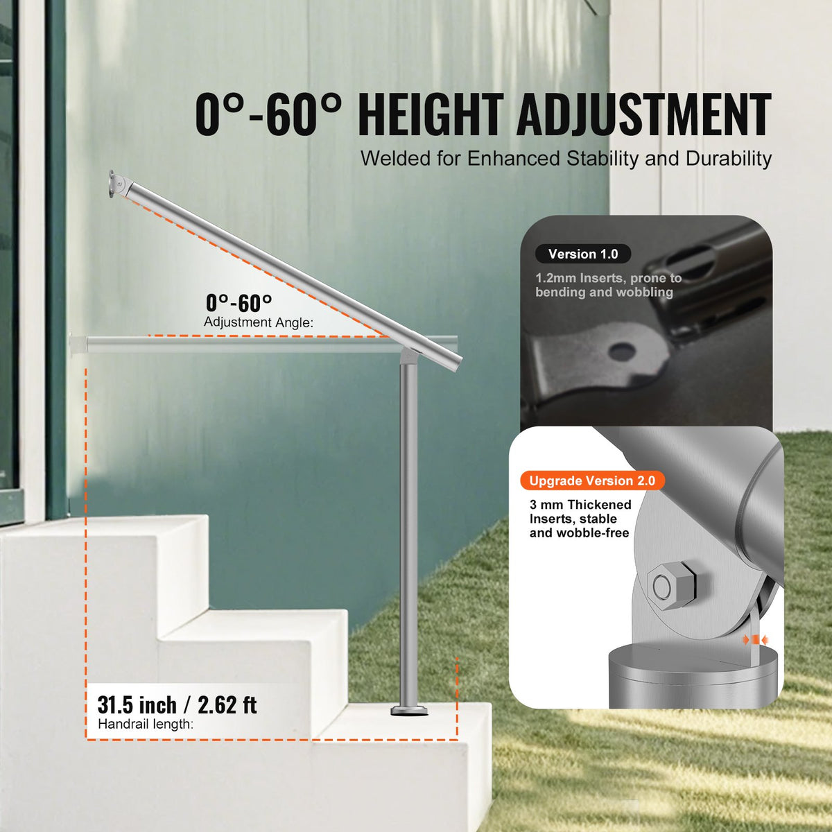 Handrails for Outdoor Steps 31.5in Deck Railing Kit Wall Floor Mounted Silver