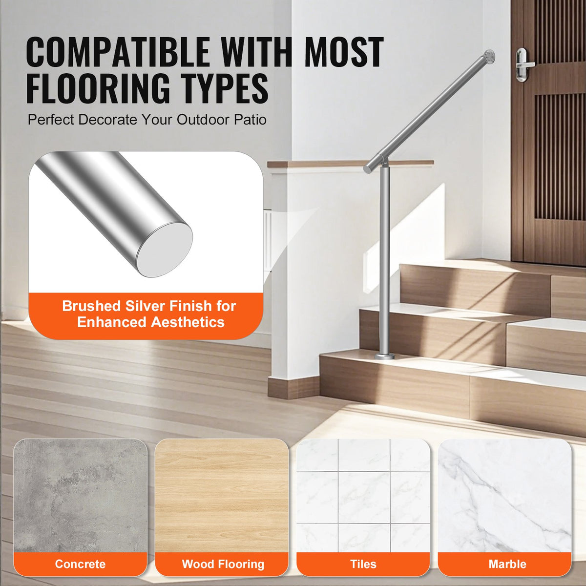 Handrails for Outdoor Steps 31.5in Deck Railing Kit Wall Floor Mounted Silver