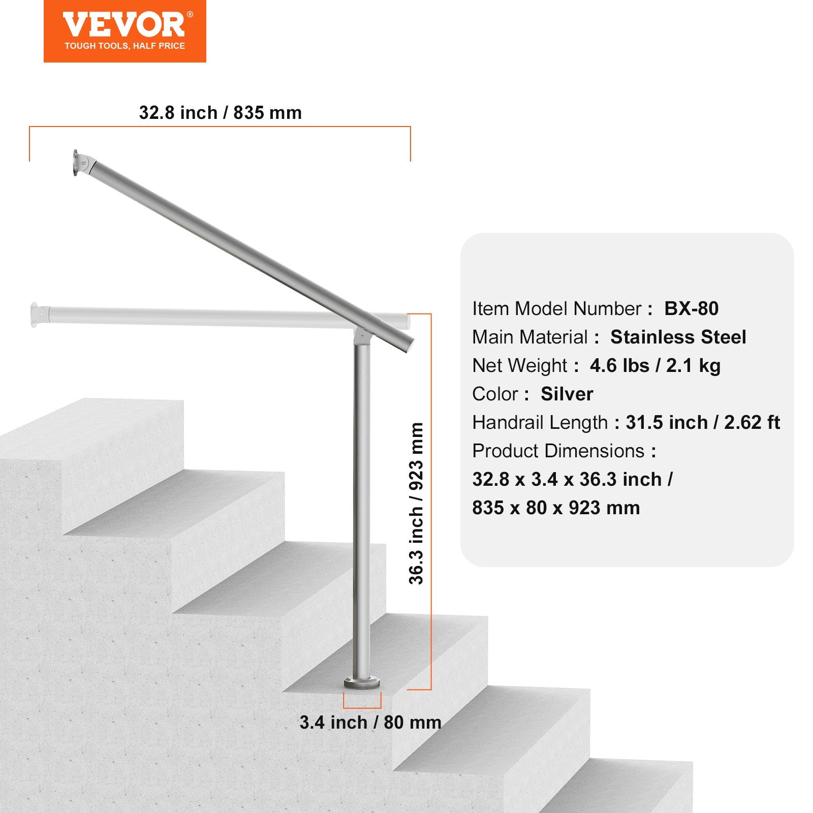 Handrails for Outdoor Steps 31.5in Deck Railing Kit Wall Floor Mounted Silver