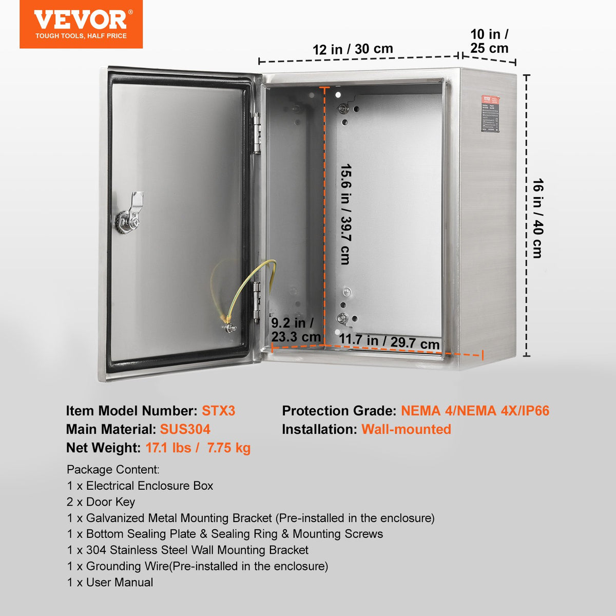 Steel Electrical Box 40x30x25cm 304 Stainless Wall-Mounted IP66 Waterproof