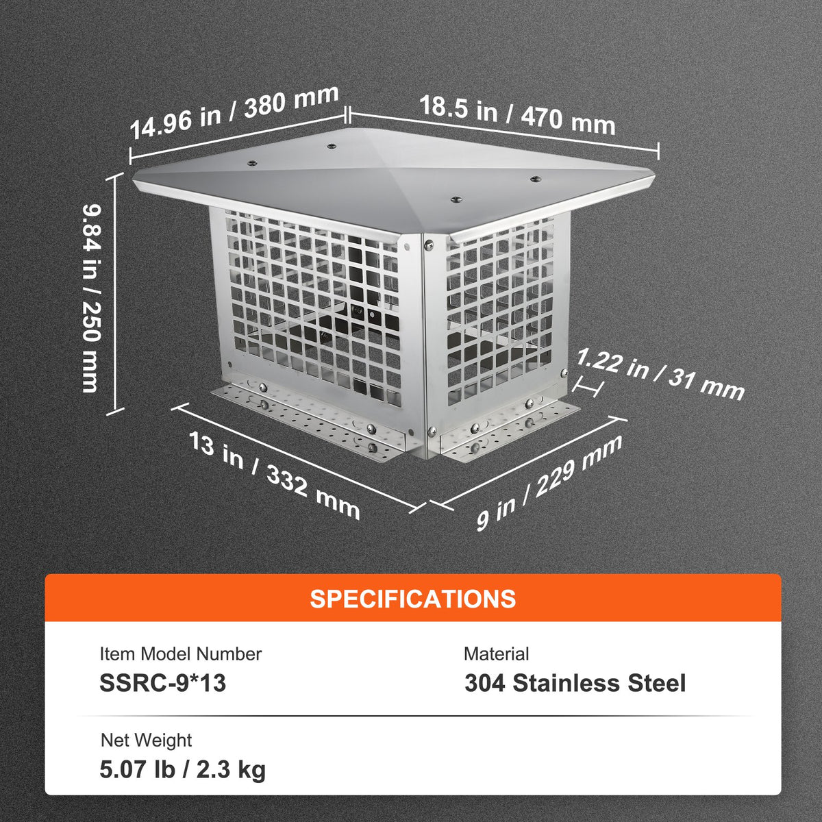 Chimney Cap 13” x 9” 304Stainless Steel Fireplace Flue Caps Cover Mesh