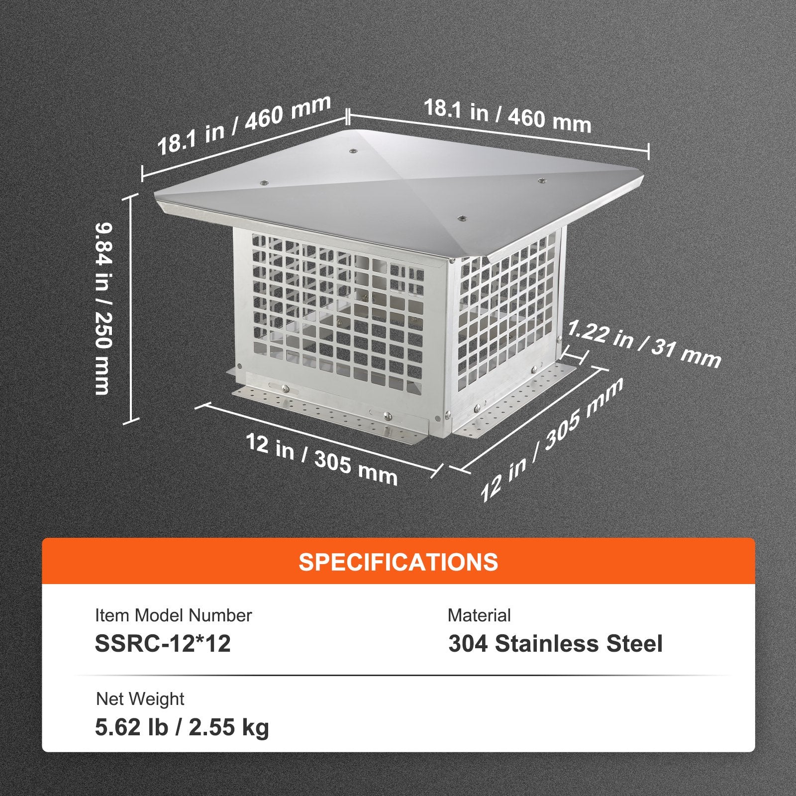 Chimney Cap 304.8x304.8mm 304 Stainless Steel Fireplace Cover Mesh Flue Silver