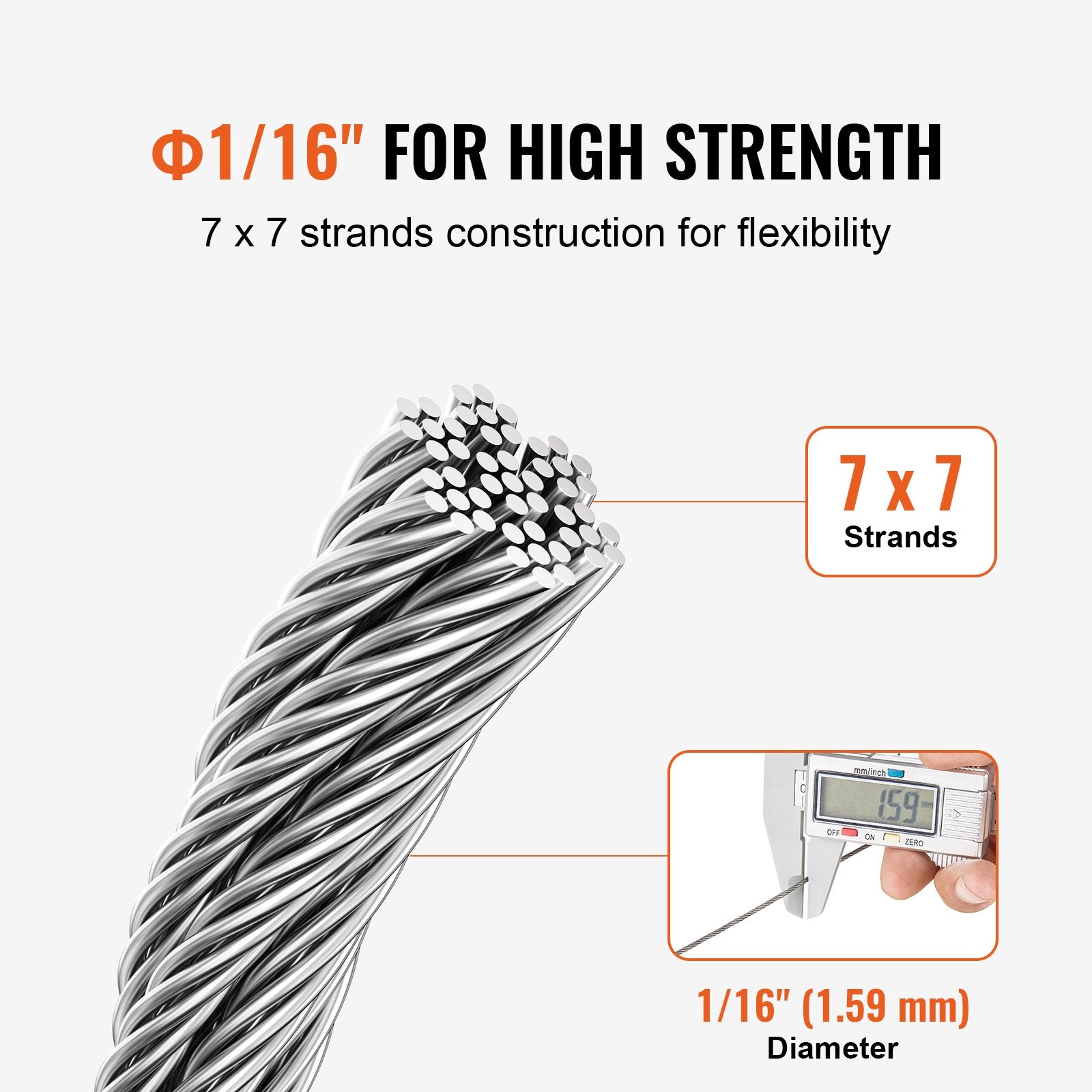 Wire Rope Kit 1.59mm 100.6m 304 Stainless Steel Cable with Sleeves Thimbles