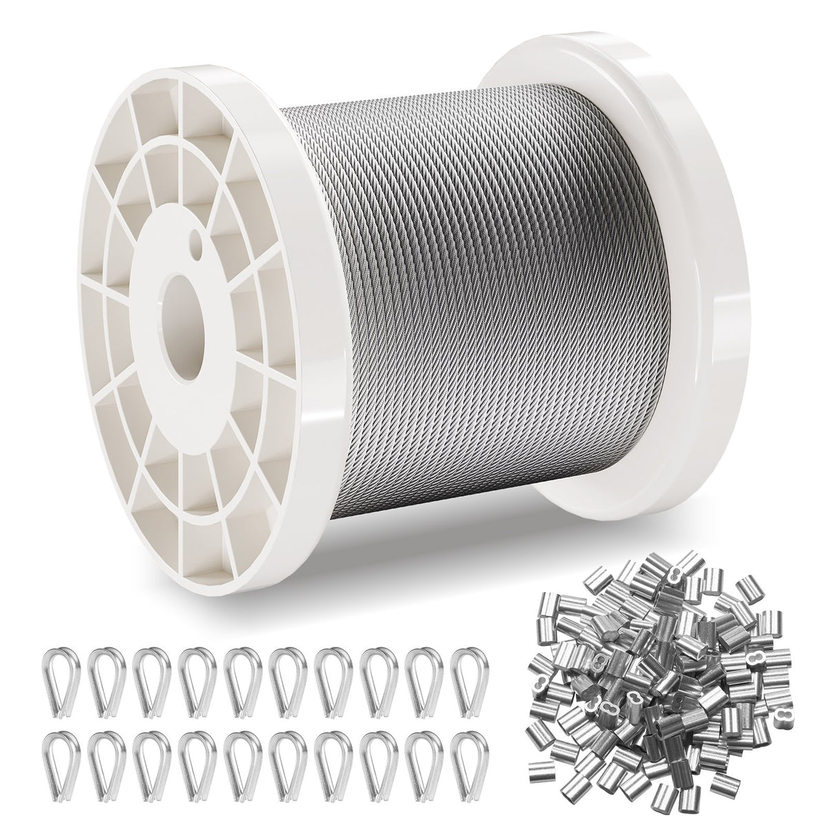 Wire Rope Kit 1.59mm 100.6m 304 Stainless Steel Cable with Sleeves Thimbles