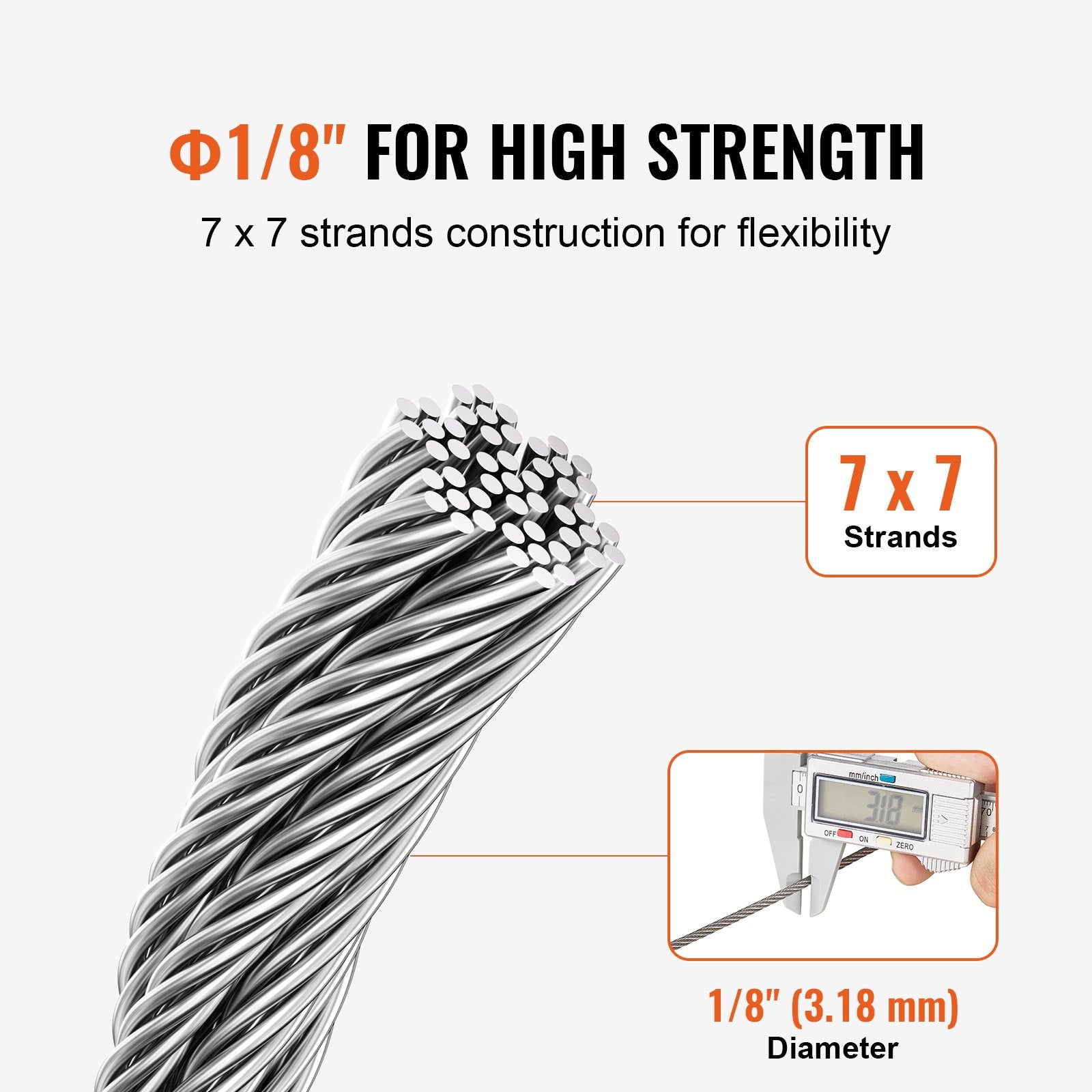 Wire Rope Kit, 3.18 mm 305 m 316 Stainless Steel Cable with Cutter and Gloves