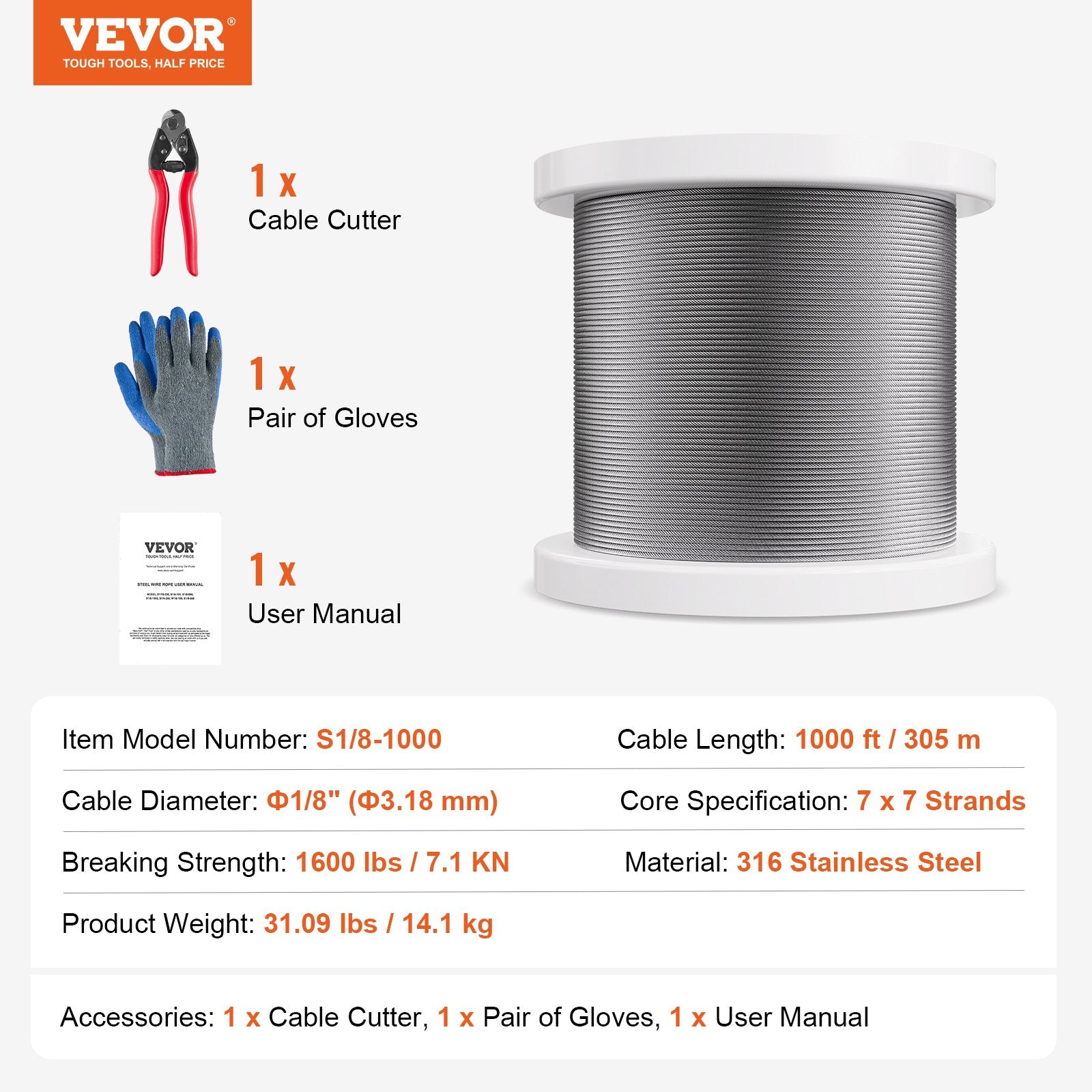 Wire Rope Kit, 3.18 mm 305 m 316 Stainless Steel Cable with Cutter and Gloves