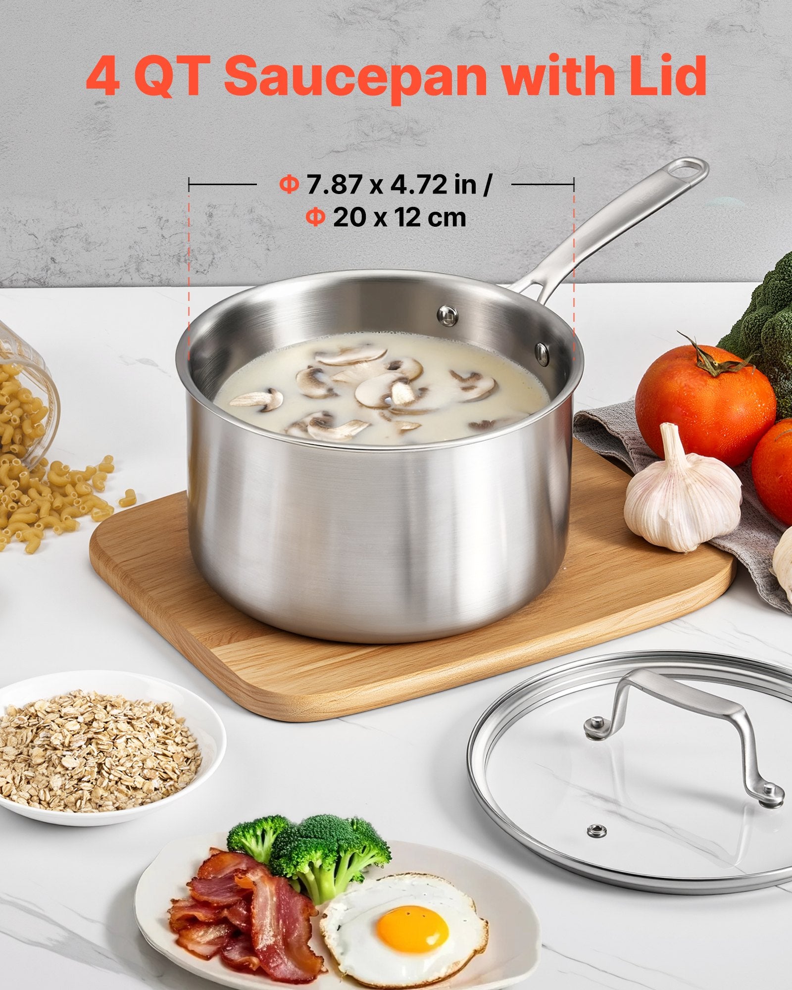 4QT Stainless Steel Saucepan Glass Lid Nonstick Cooking Pot Induction Oven Safe