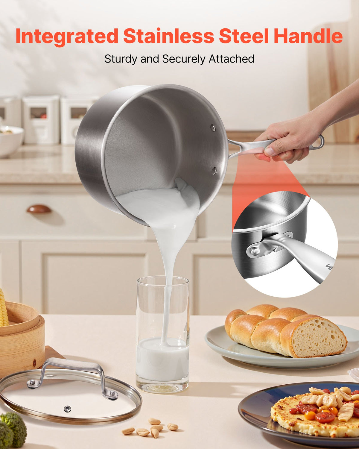 4QT Stainless Steel Saucepan Glass Lid Nonstick Cooking Pot Induction Oven Safe