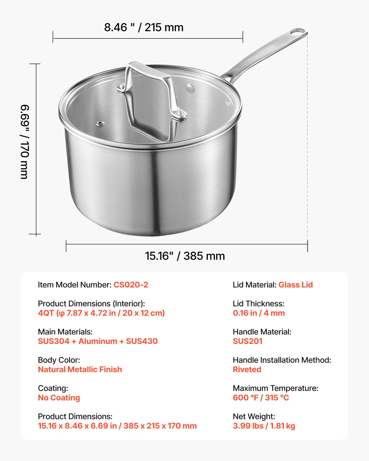 4QT Stainless Steel Saucepan Glass Lid Nonstick Cooking Pot Induction Oven Safe