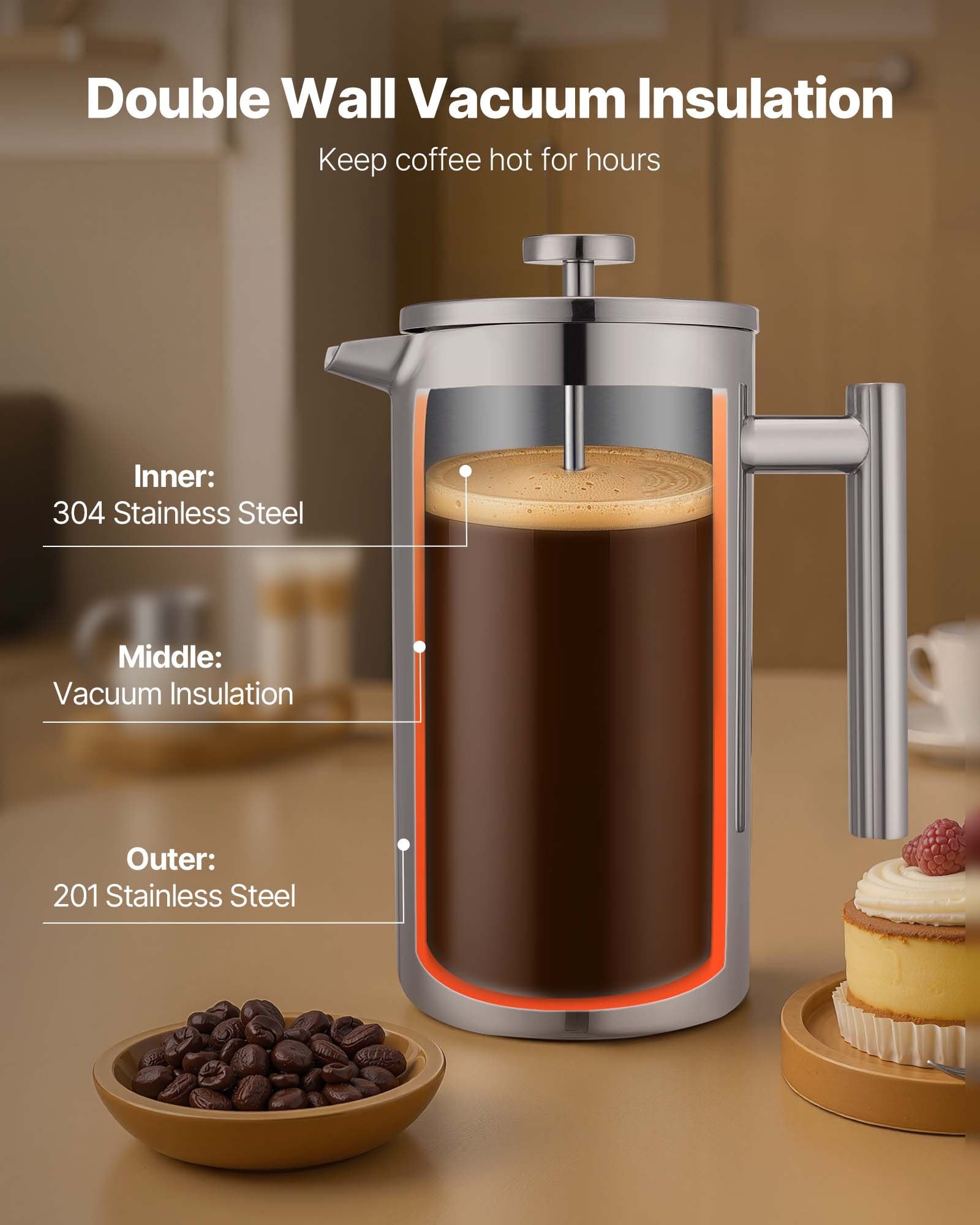 French Press Coffee Maker 1.5L, Stainless Steel Tea Press, Double Wall Insulated