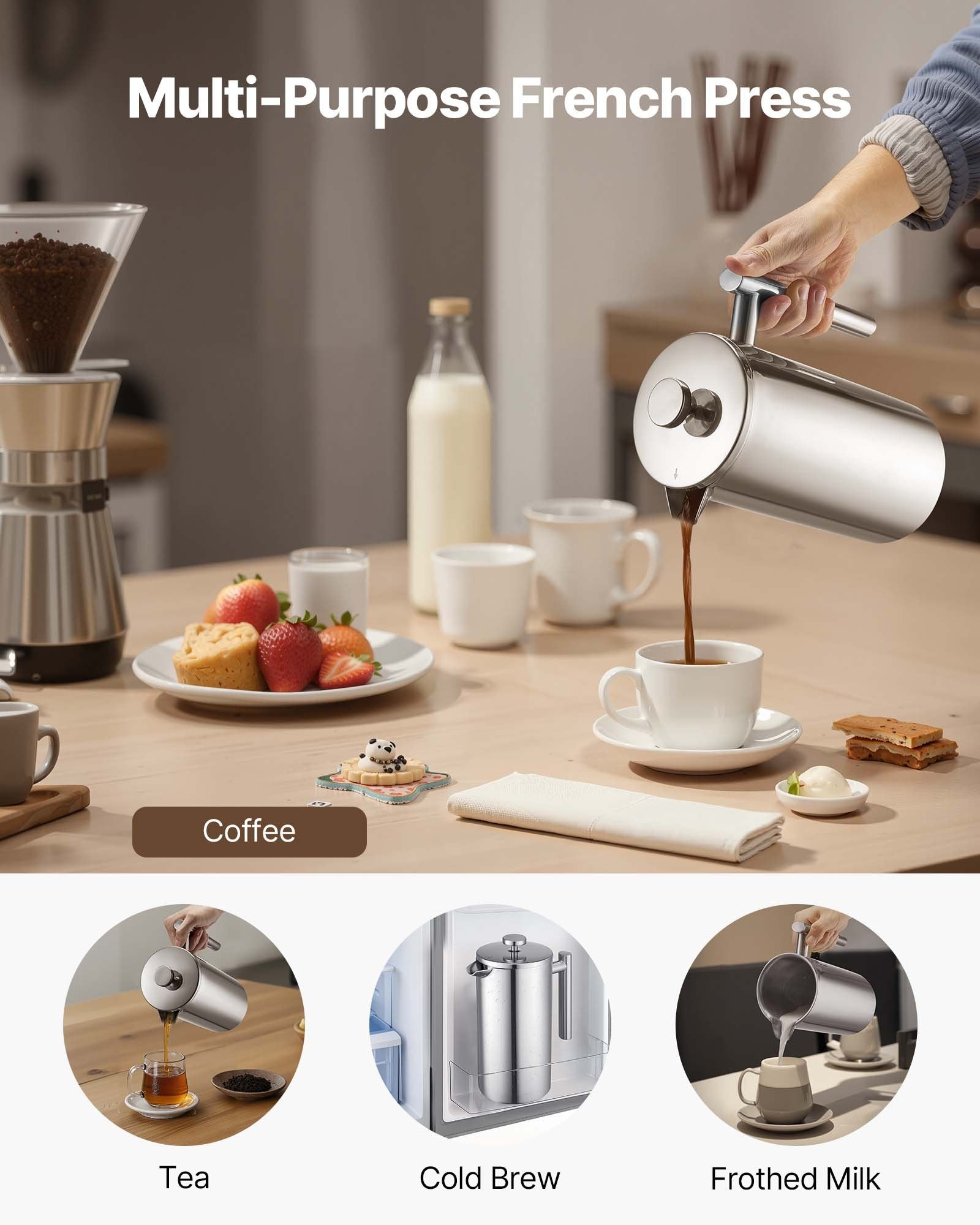 French Press Coffee Maker 1.5L, Stainless Steel Tea Press, Double Wall Insulated
