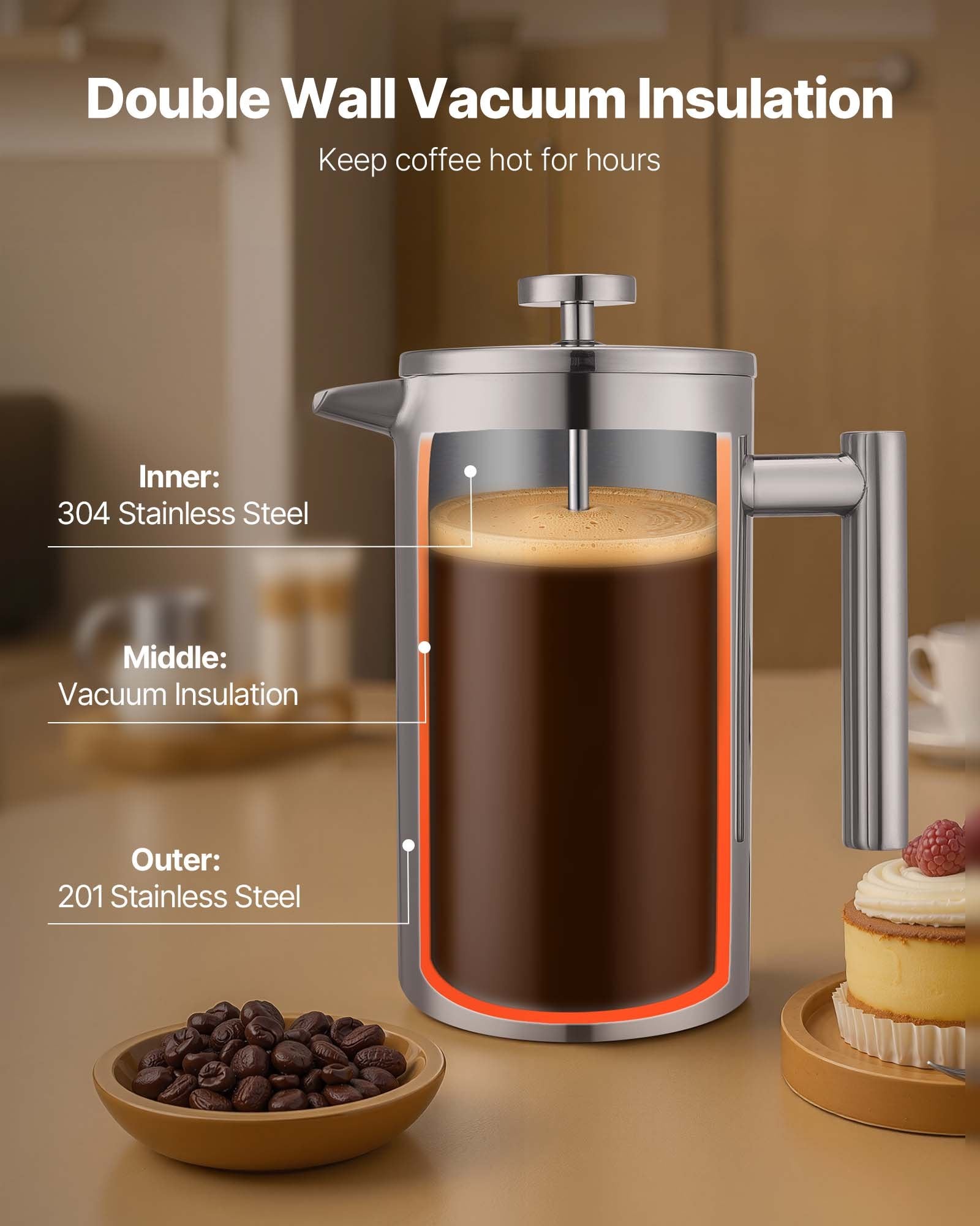 French Press Coffee Maker 1L, Stainless Steel Tea Press, Double Wall Insulated
