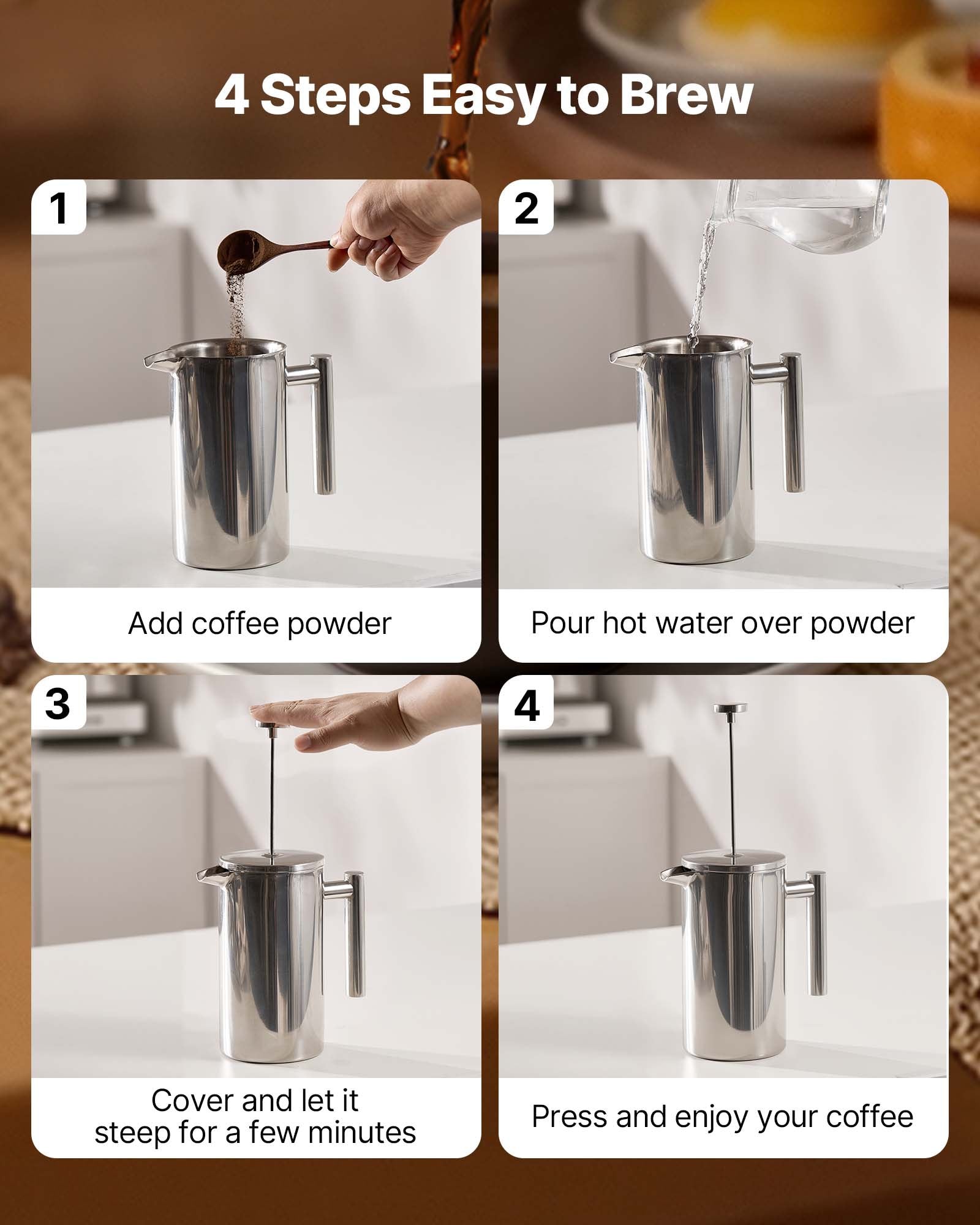 French Press Coffee Maker 1L, Stainless Steel Tea Press, Double Wall Insulated