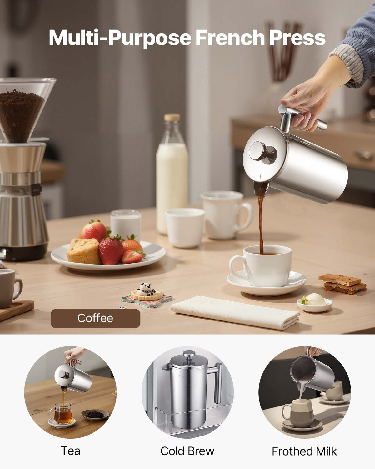 French Press Coffee Maker 1L, Stainless Steel Tea Press, Double Wall Insulated