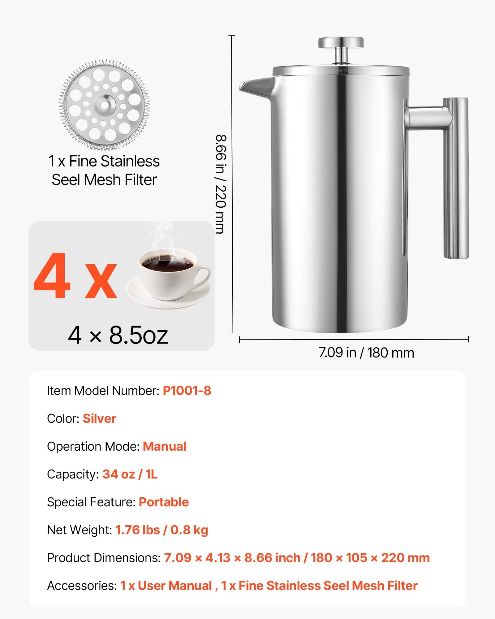 French Press Coffee Maker 1L, Stainless Steel Tea Press, Double Wall Insulated