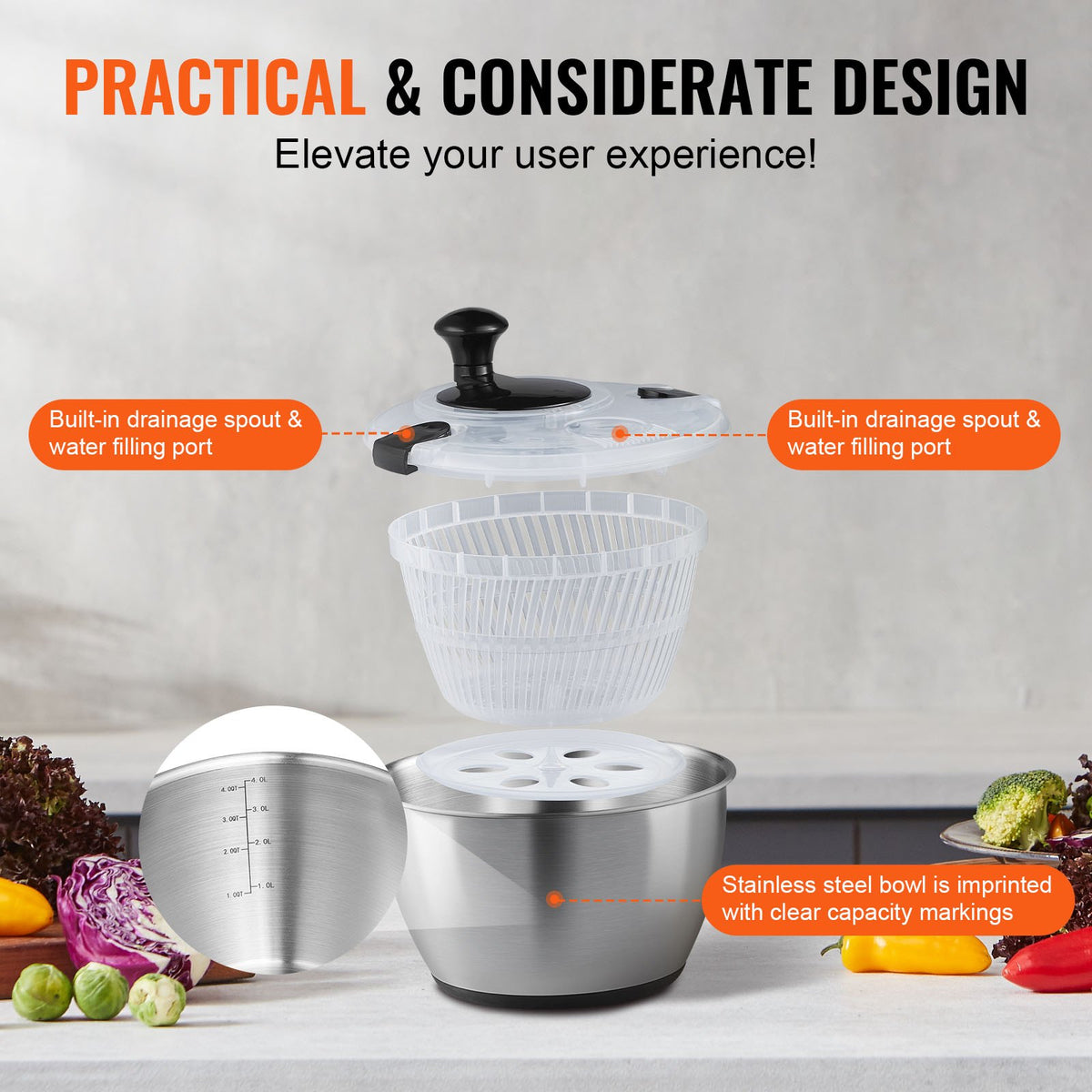 Stainless Steel Salad Spinner 4.5L One-Handed Easy Press 304 Bowl Greens